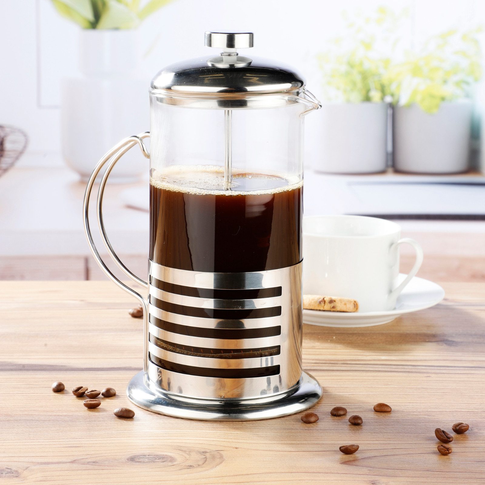 Haushalt International Kaffeebereiter, 1l Kaffeekanne, Glas, handlich, Edelstahl, Ziehkaffee, Elegant