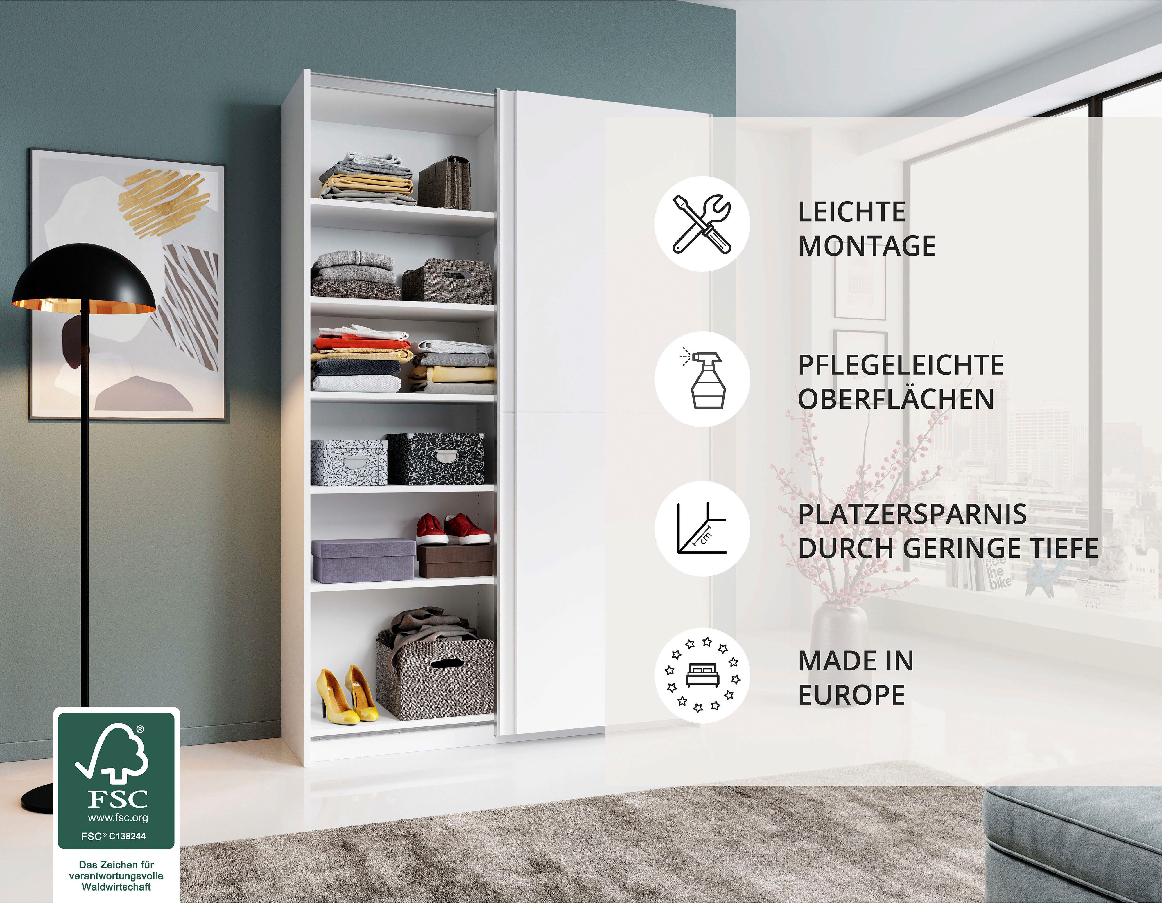 Schlafkontor Schwebetürenschrank Heimo/Fast Schrank Kleiderschrank Garderobe OTTO´s CHOICE geringe Tiefe, ausziehbarer Kleiderstange, Garderobenschrank, 6 Böden