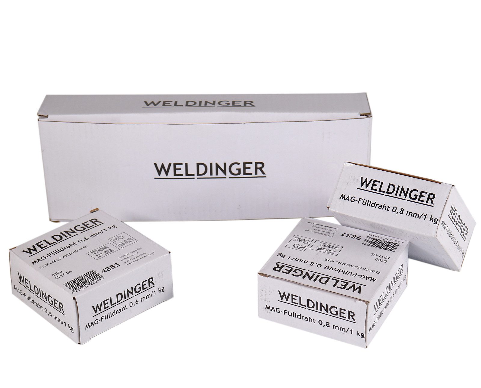 WELDINGER Schweißdraht 3er-Set Fülldraht Starterpack 1x0,6 mm 2x0,8 mm D100 1 kg für Baustahl, (3St), selbstschützend