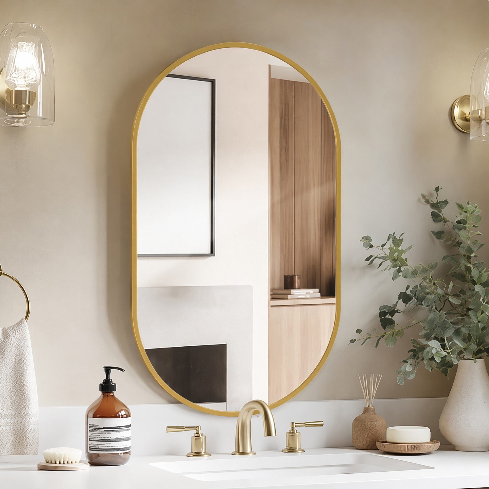 zebery Wandspiegel Dekospiegel Badezimmerspiegel (Set, 1-St., Oval Spiegel mit Metallrahmen, 75 x 50 cm), für Schlafzimmer, Bad, Wohnzimmer, Flur, Gold