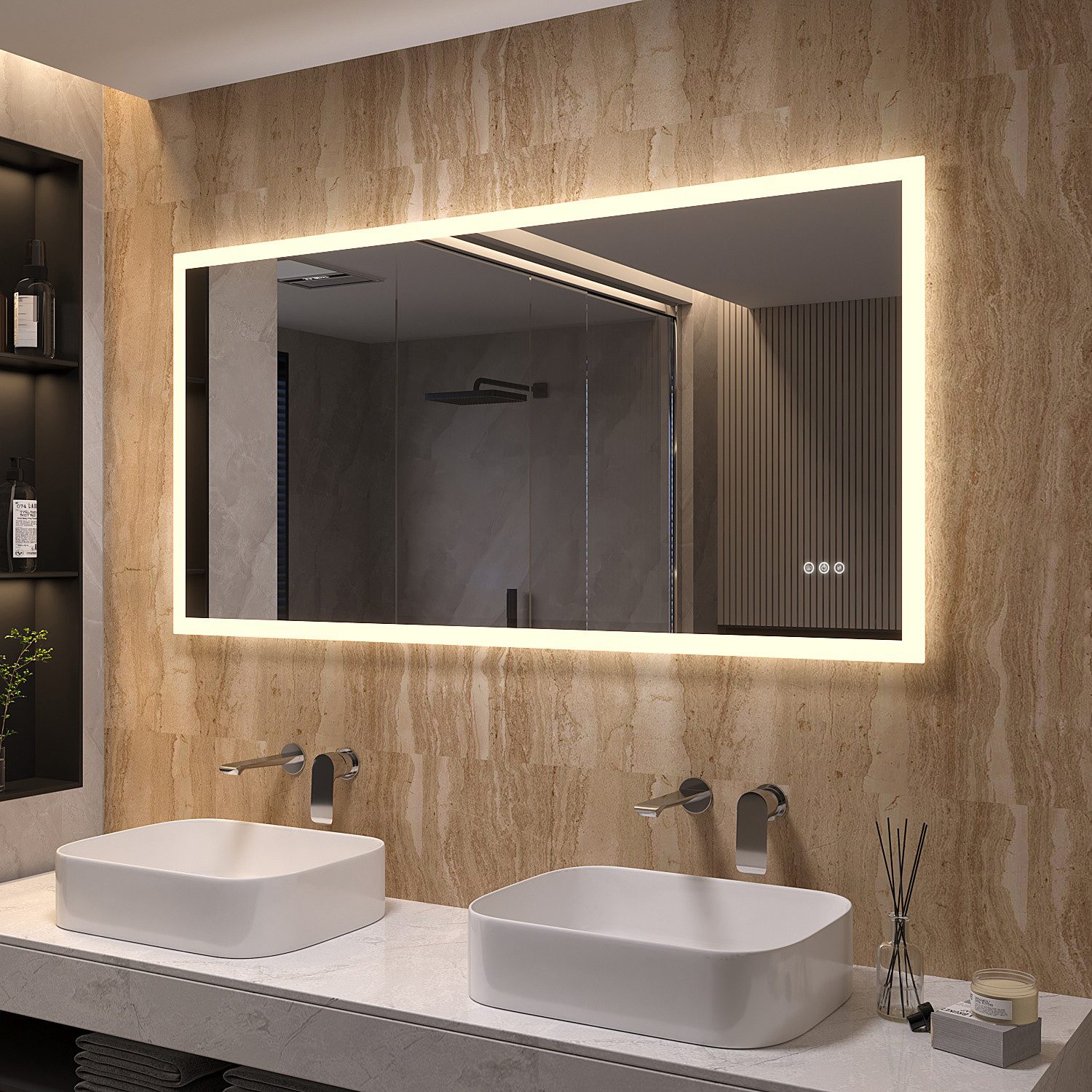AQUABATOS Badspiegel LED Badspiegel IP44 mit Touchschalter Dimmbar Abgerundete/Scharfe Ecke (LED Badspiegel 160x70 140x70 100x70 cm mit Beleuchtung Lichtspiegel LED Spiegel Kosmetikspiegel Rasierspiegel Bad Spiegel mit licht beleuchtet 3 Lichtfarben, IP44, Energiesparend), großformatiger Badezimmerspiegel, Dimmbar,Beschlagfrei,Memory-Funktion