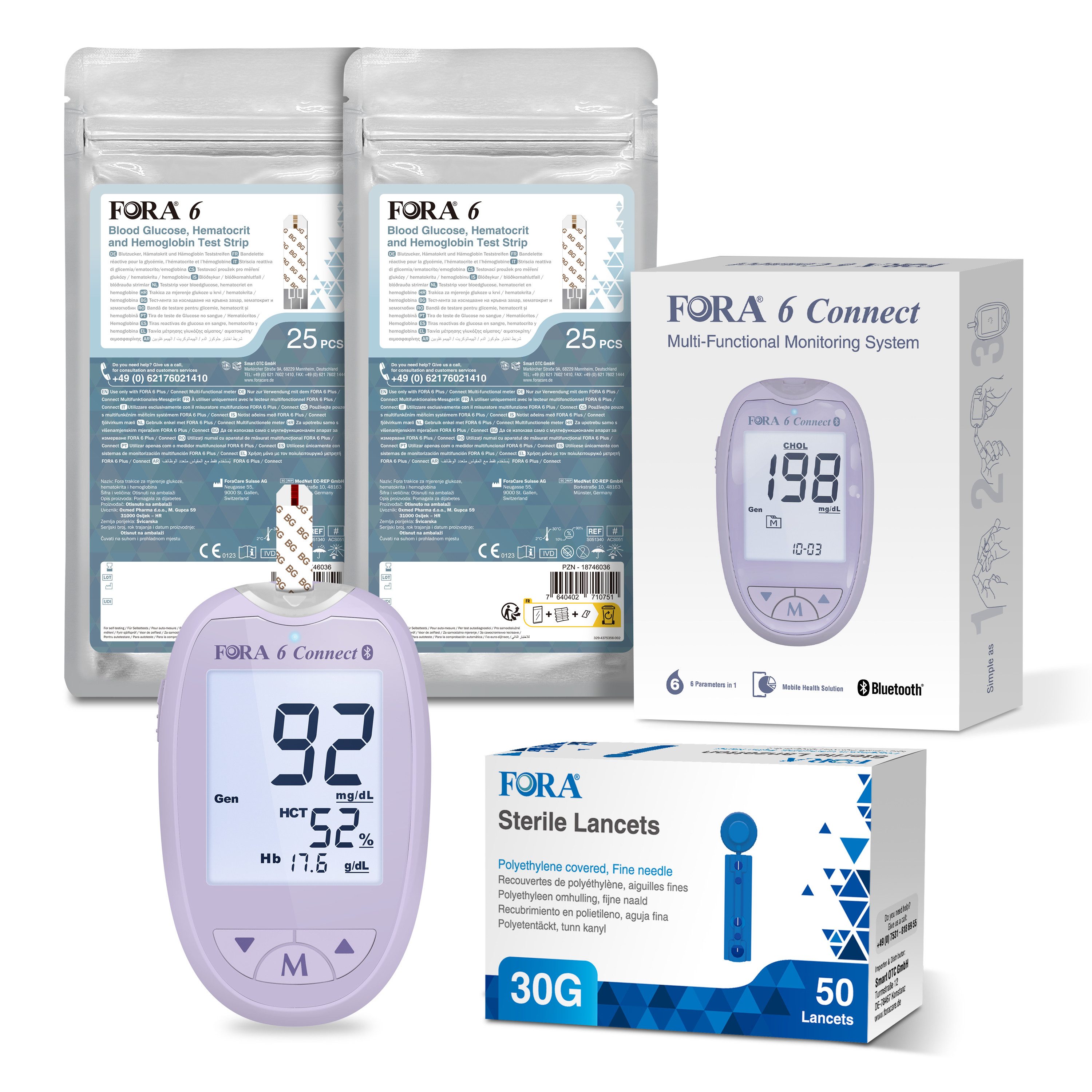FORA Cholesterin Messgerät 6 Connect, Blutzucker, Keton, Cholesterin, Harnsäure, Hämoglobin, Hämatokrit Test, All-in-One Gesundheits Messgerät für die Familie