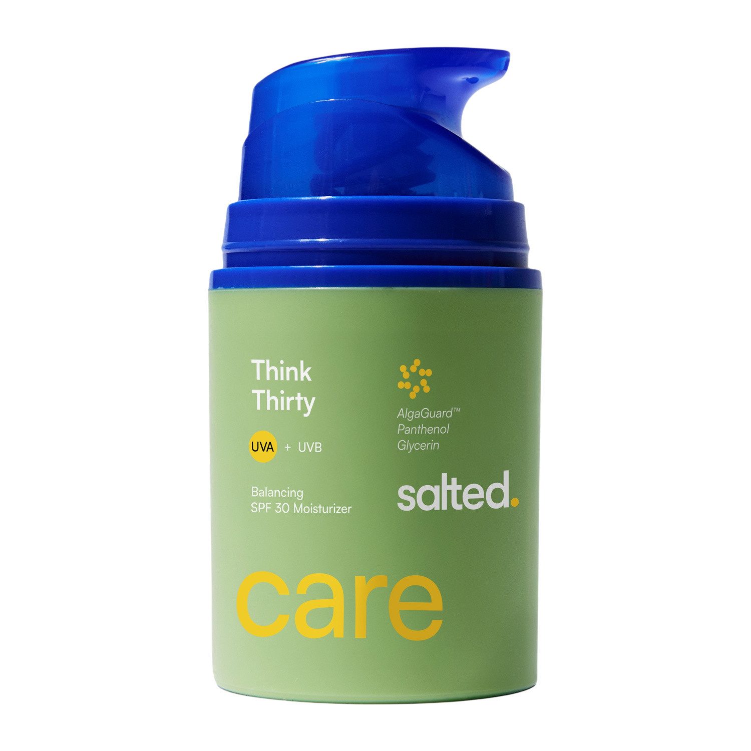 salted. Sonnenschutzcreme Ausgleichende LSF 30 Tagespflege Think Thirty, Leichte Tagespflege mit LSF 30, Panthenol, Glycerin und AlgaGuard