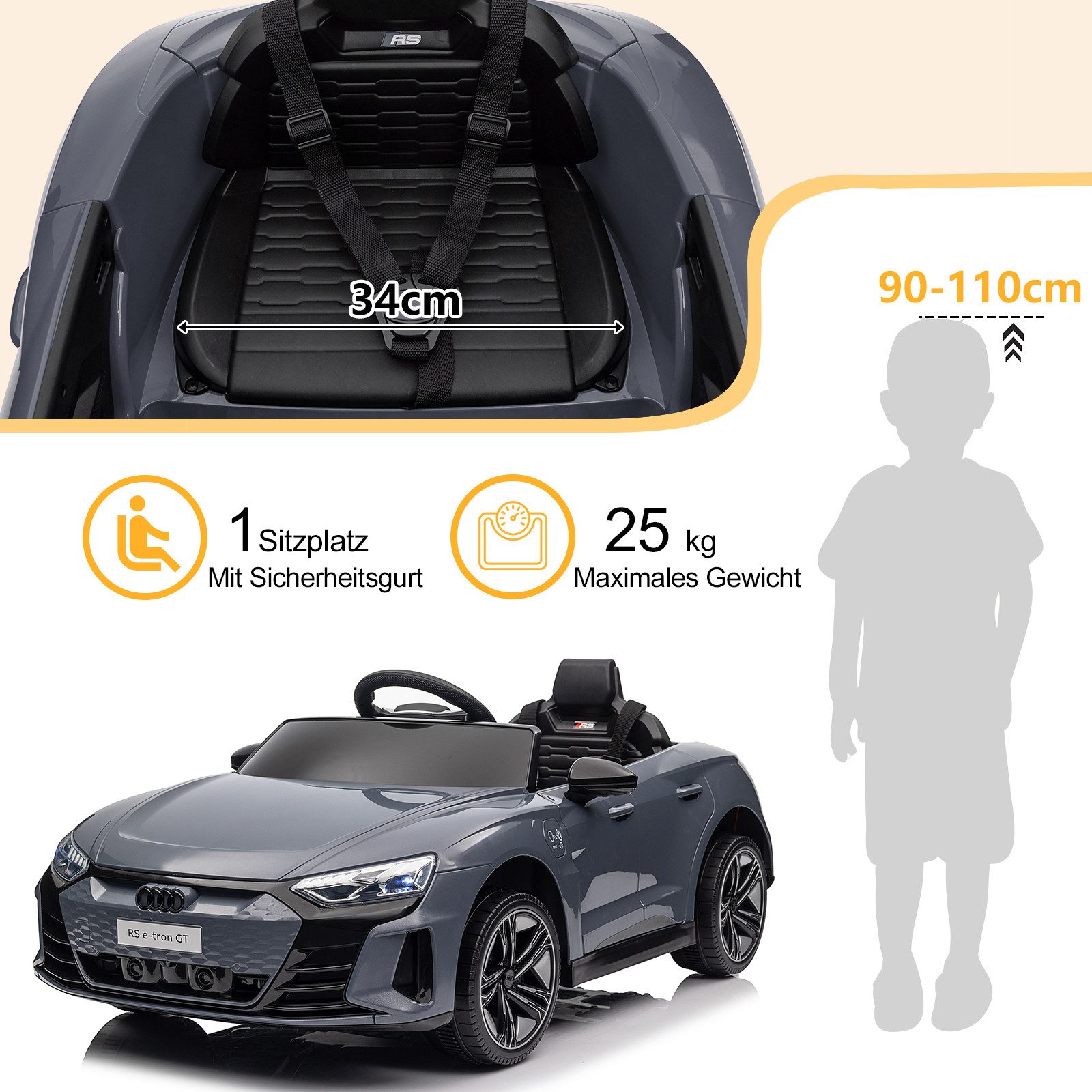 LALAHO Elektro-Kinderauto Elektro-Kinderauto,Kinderfahrzeug,Fernbedienung,Musik,Licht, verstellbarem Sicherheitsgurt und Audi RS e-tron GT Design