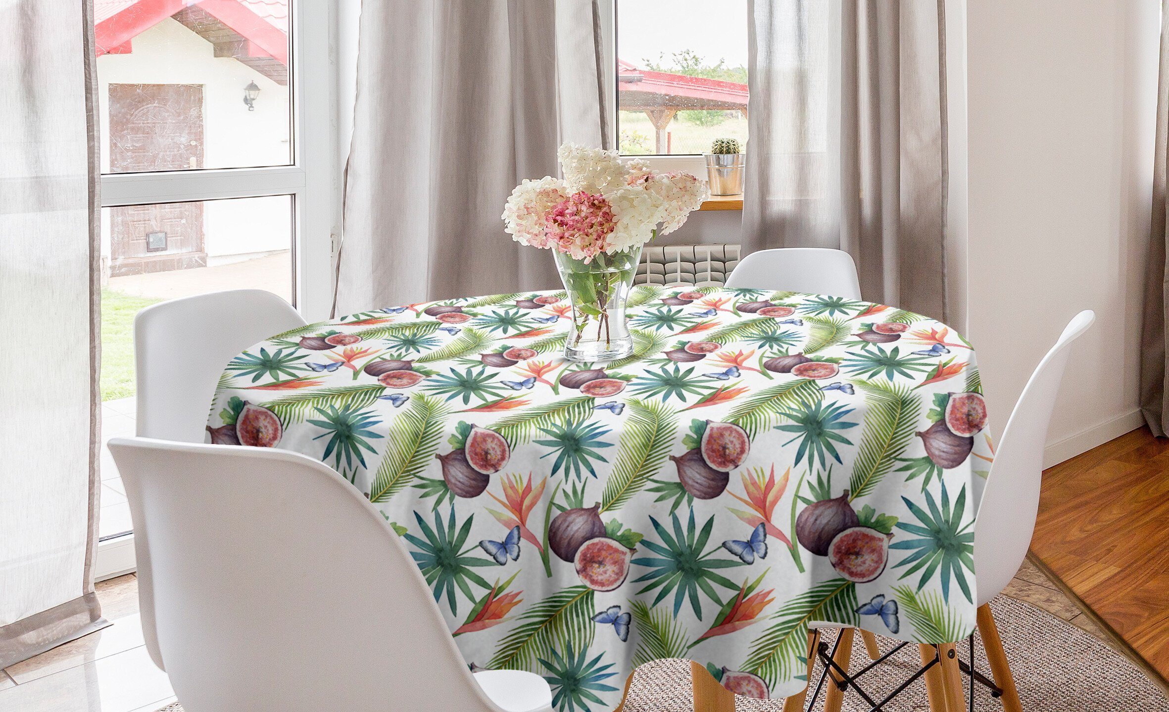 Abakuhaus Tischdecke Kreis Tischdecke Abdeckung für Esszimmer Küche Dekoration, Aquarell Frische Feigen und Blätter