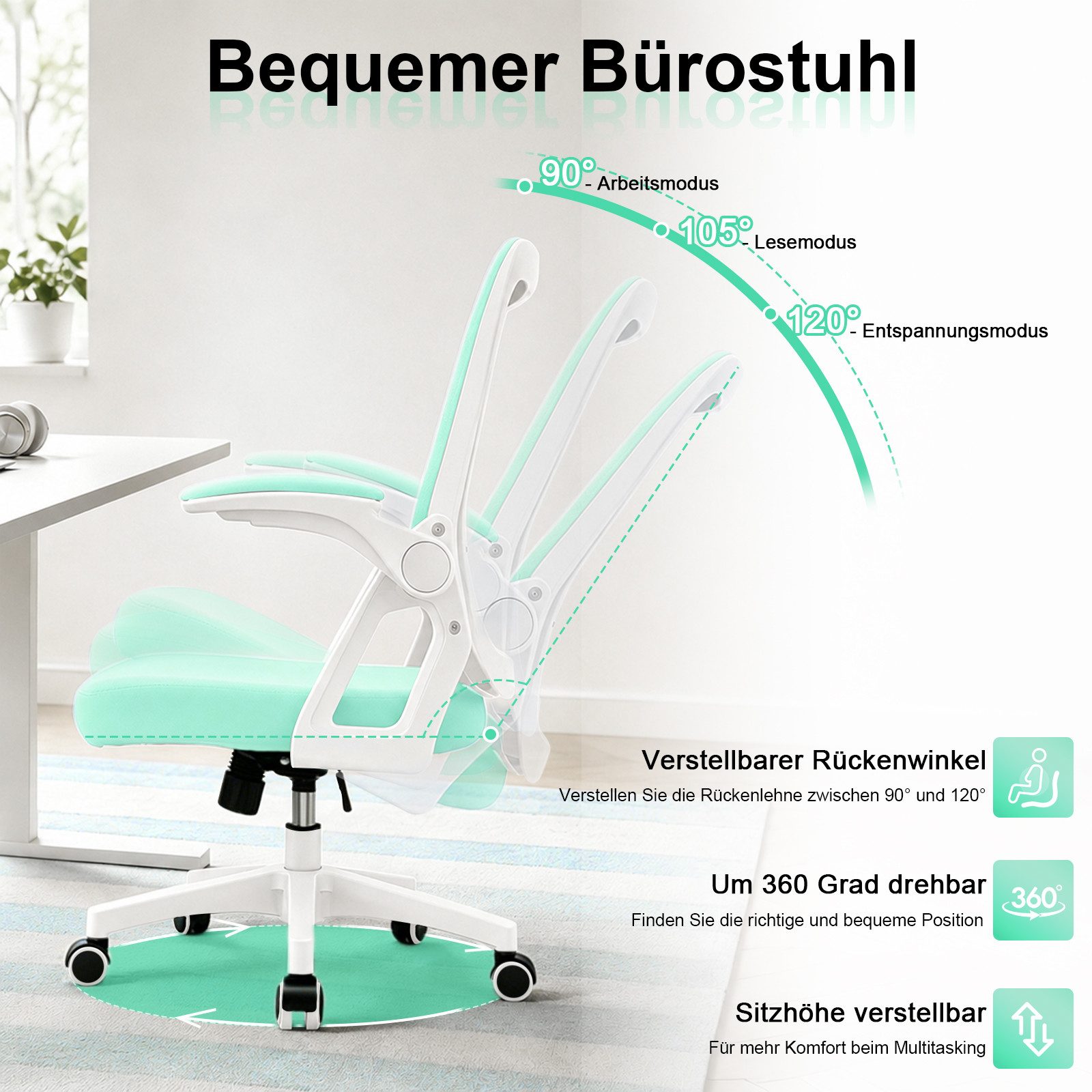 Milacyee Bürostuhl Ergonomischer Bürostuhl mit 90° klappbaren, gepolsterten Armlehnen (Höhenverstellbarer Atmungsaktiv Chefsessel mit geräuscharmen Rollen,Drehstuhl mit dynamische Rückenstütze), Platzsparend, Atmungsaktives Mesh, 150 kg Belastbarkeit