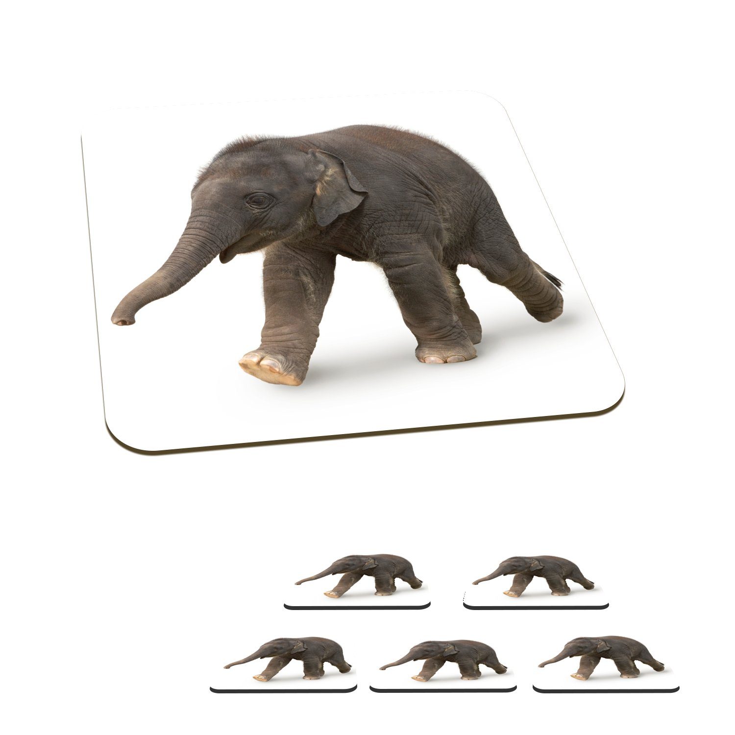 MuchoWow Glasuntersetzer Kleiner Elefant auf weißem Hintergrund, Zubehör für Gläser, 6-tlg., Glasuntersetzer, Tischuntersetzer, Korkuntersetzer, Untersetzer, Tasse