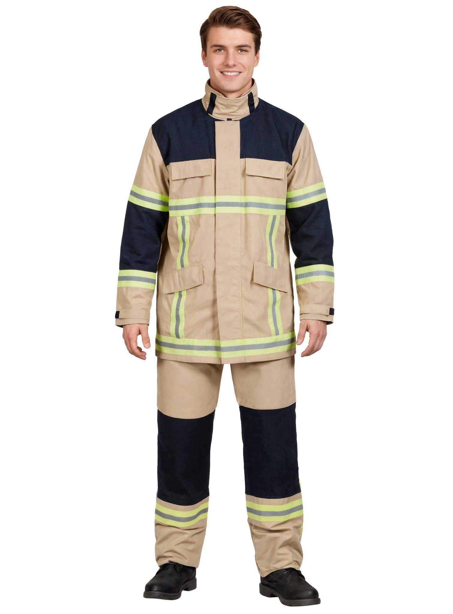 Maskworld Kostüm Feuerwehrmann - Karneval Faschingskostüm Herren, Sandfarbene Feuerwehr Uniform mit Aufdruck 'Feierwehr'
