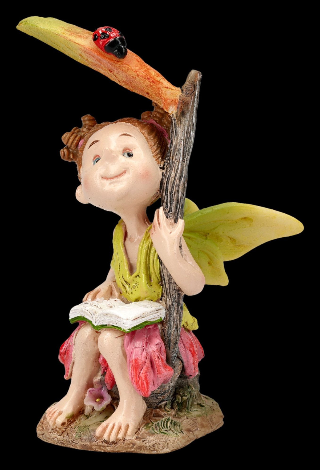 Figuren Shop GmbH Fantasy-Figur Feen Figur Curly Fairy mit Buch und Marienkäfer Fantasy Deko 10 cm