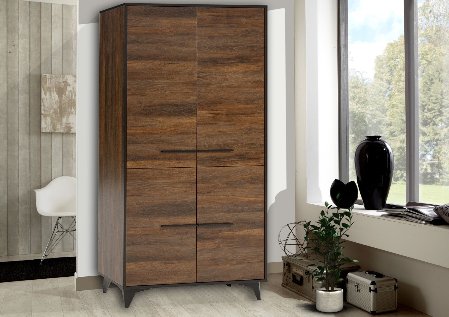 Feldmann-Wohnen Drehtürenschrank Kleiderschrank Frida (S2D) shirin walnuss / schwarz #dv50 (1-St) Schrank 91cm shirin walnuss schwarz