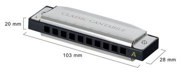 Classic Cantabile diatonische Mundharmonika AHB-250, A-Dur, (Inkl. Box & Pflegetuch), 10 Phosphor-Bronze Stimmzungen - Edelstahlgehäuse