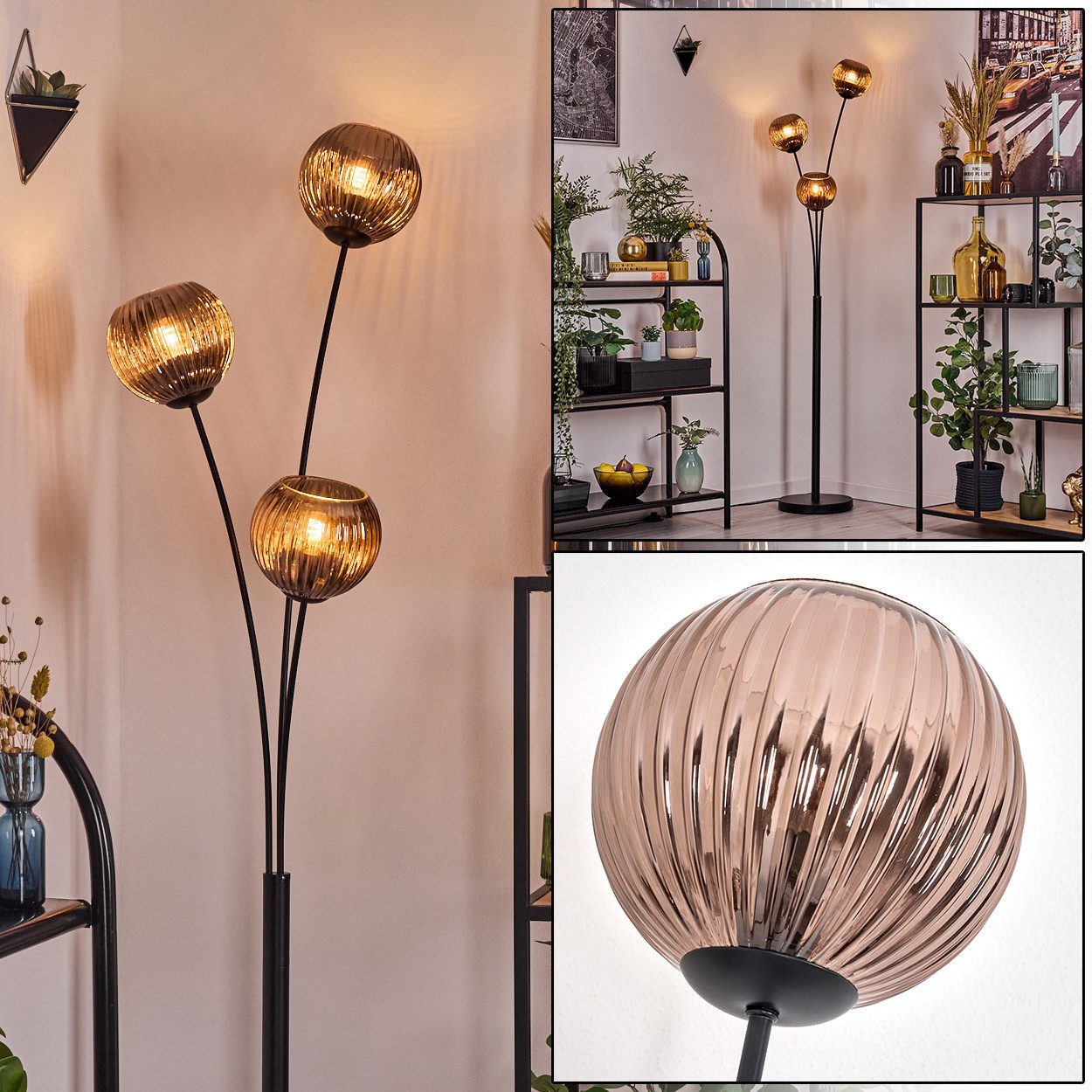Stehlampe Stehlampe aus Metall/Riffelglas in Schwarz/Kupferfarben