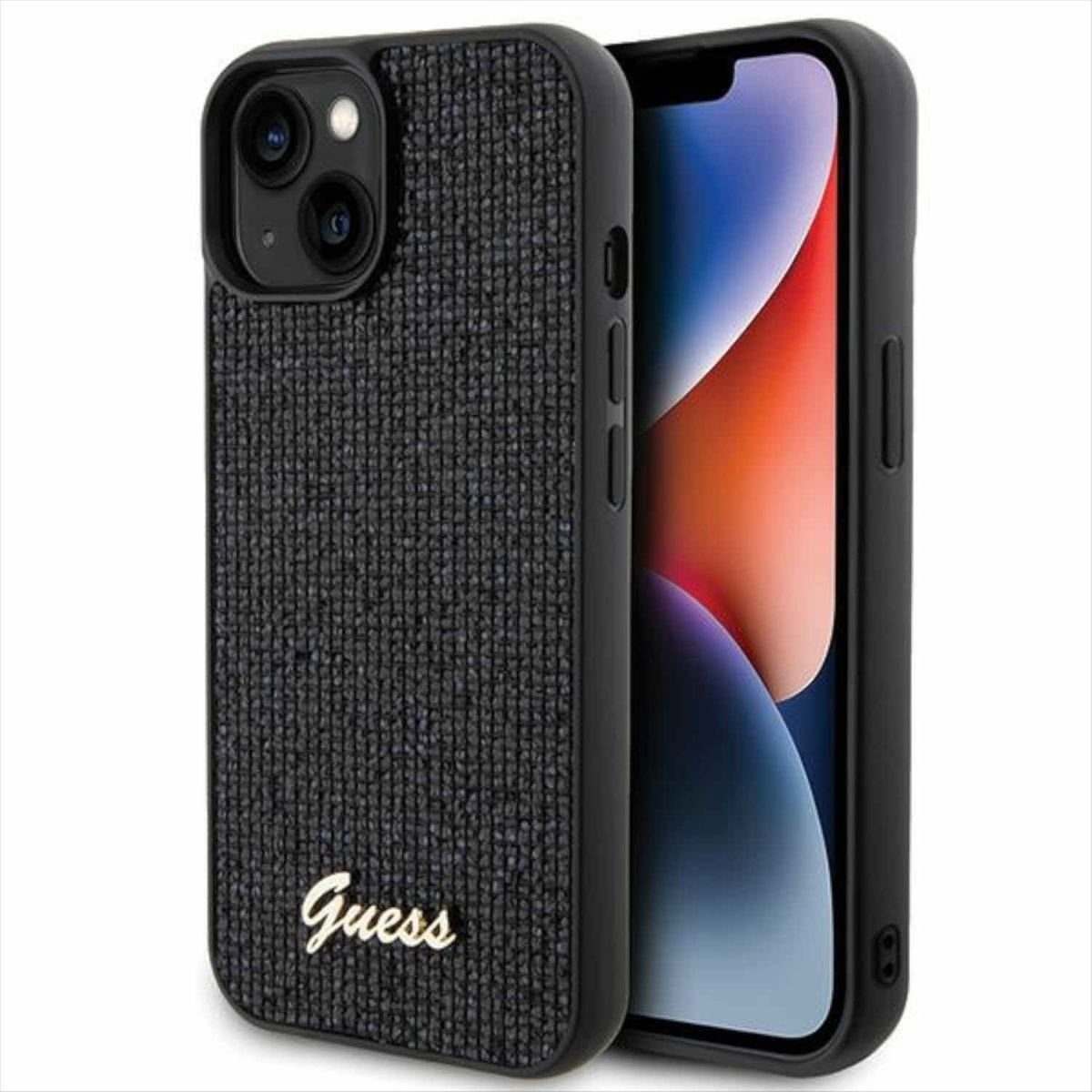 Guess Smartphone-Hülle Guess Apple iPhone 15 Schutzhülle Cover Disco Metal Script Schwarz