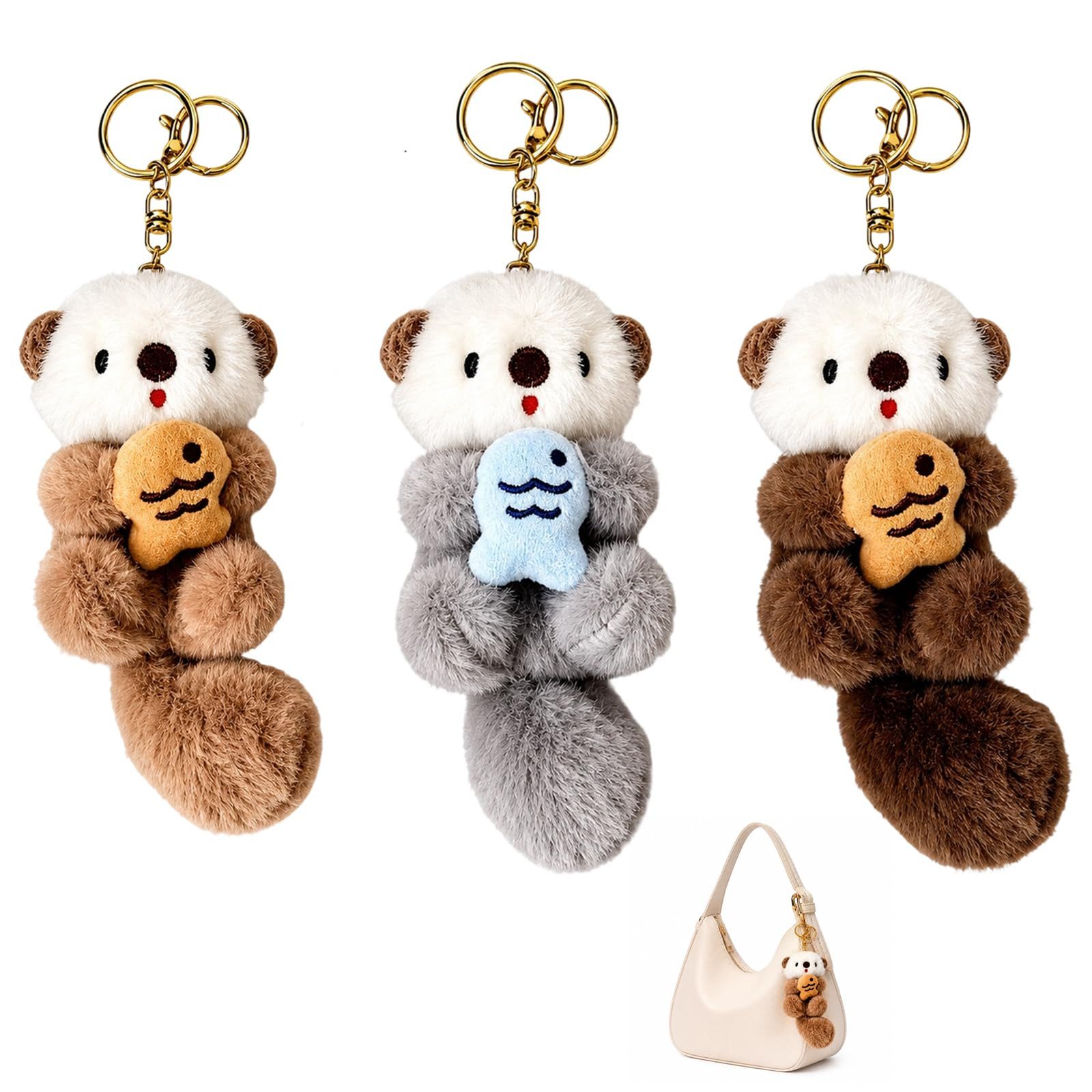 FOUORTUNATE-BEE Schlüsselanhänger 3er Set Otter Plüsch Schlüsselanhänger, süße Tieranhänger (für Damen, Teenager und Tierliebhaber, Taschenanhänger, Schlüsselanhänger und Geburtstagsgeschenk, 3-tlg)