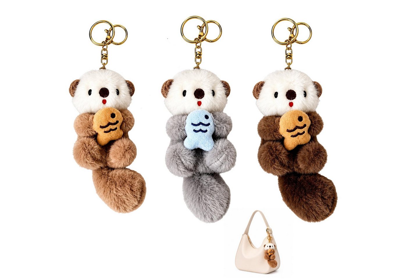 FOUORTUNATE-BEE Schlüsselanhänger 3er Set Otter Plüsch Schlüsselanhänger, süße Tieranhänger (für Damen, Teenager und Tierliebhaber, Taschenanhänger, Schlüsselanhänger und Geburtstagsgeschenk, 3-tlg)