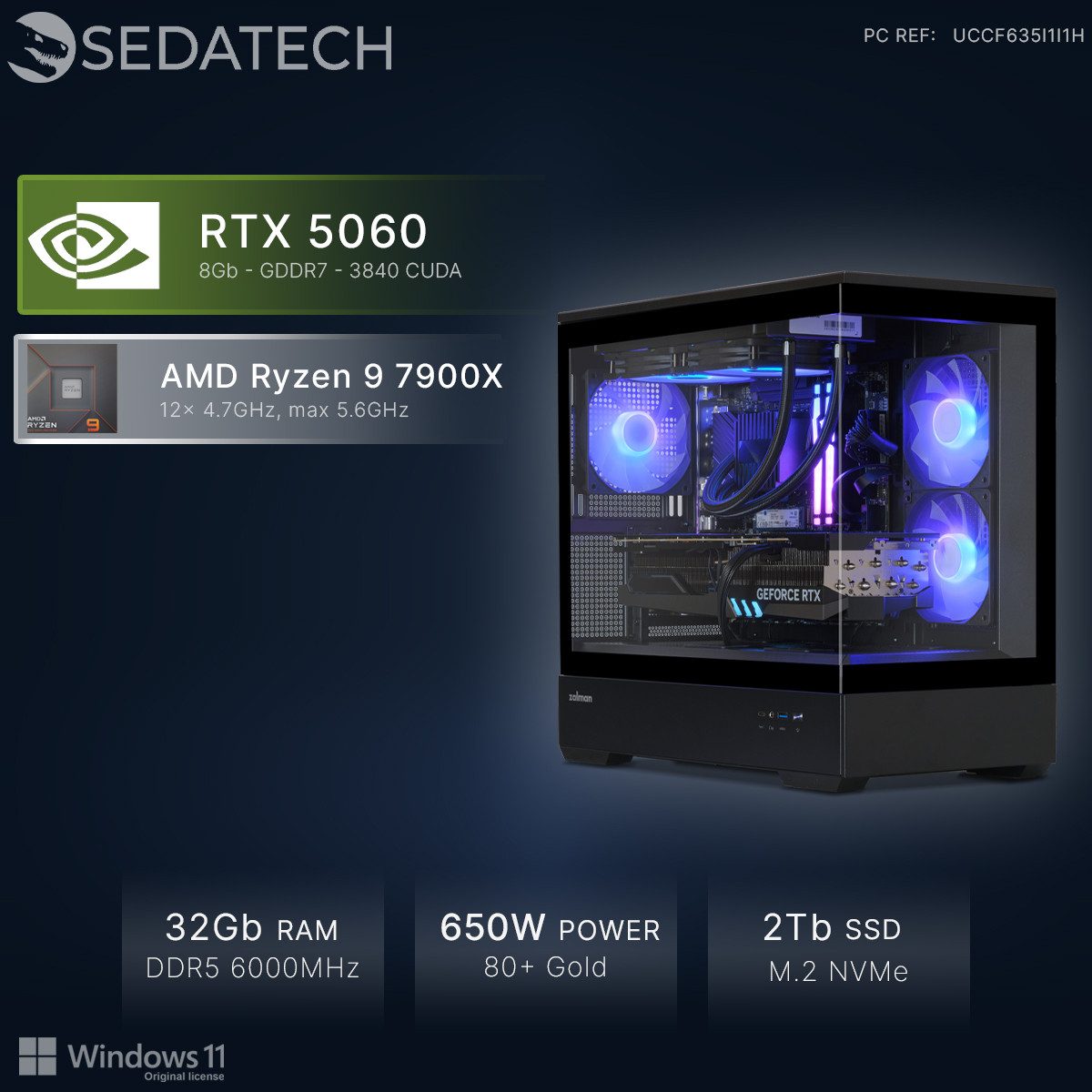 Sedatech UCCF635I1I1HF - Watercooling Gaming-PC (AMD Ryzen 9 7900X 12x 4.7GHz (max 5.6GHz), Geforce RTX5060 8GB, 32 GB RAM, 2000 GB SSD, Watercooling, Wlan 6E)