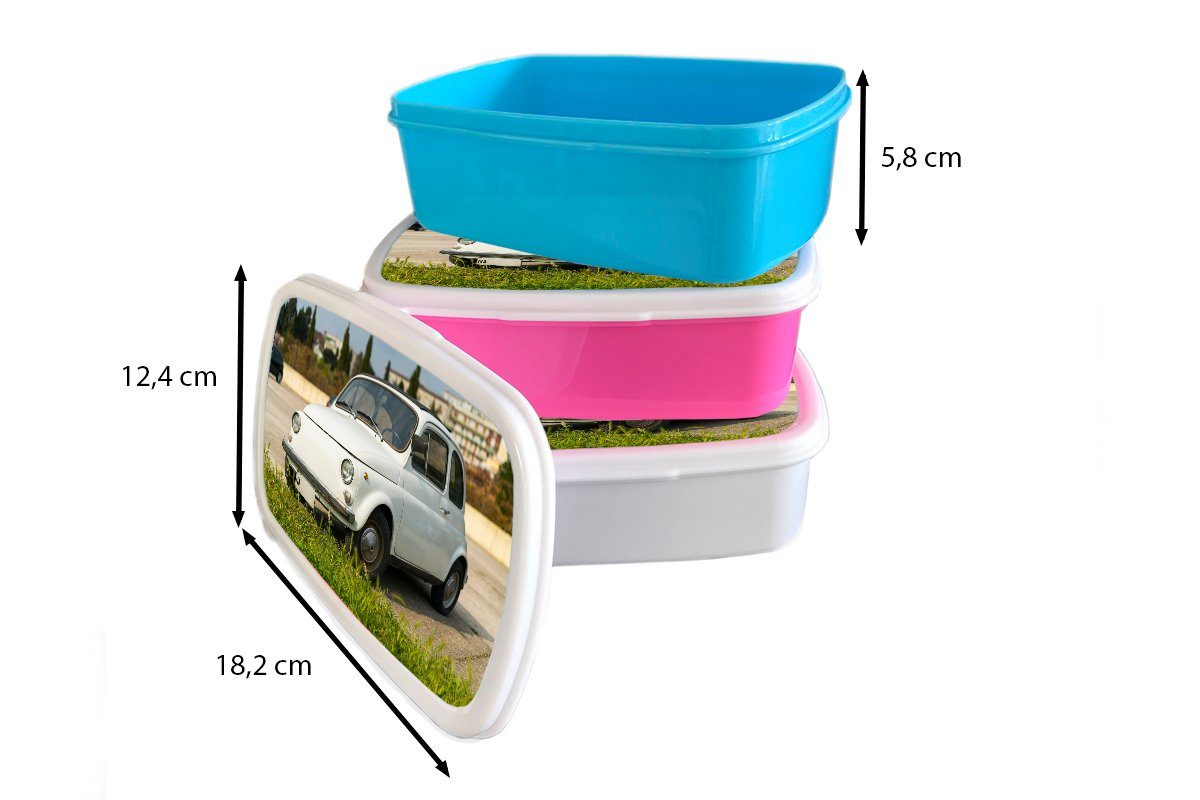 MuchoWow Lunchbox Kleiner weißer Fiat für Mädchen Erwachsene, und und Jungs Kunststoff, 500, Brotdose, (2-tlg), für Kinder Brotbox