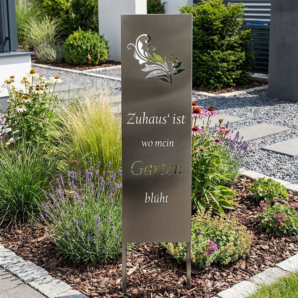 Harms Import Dekoobjekt, Gartenschild FARN Motiv Erdspieß elegant Edelstahl silber 119 cm