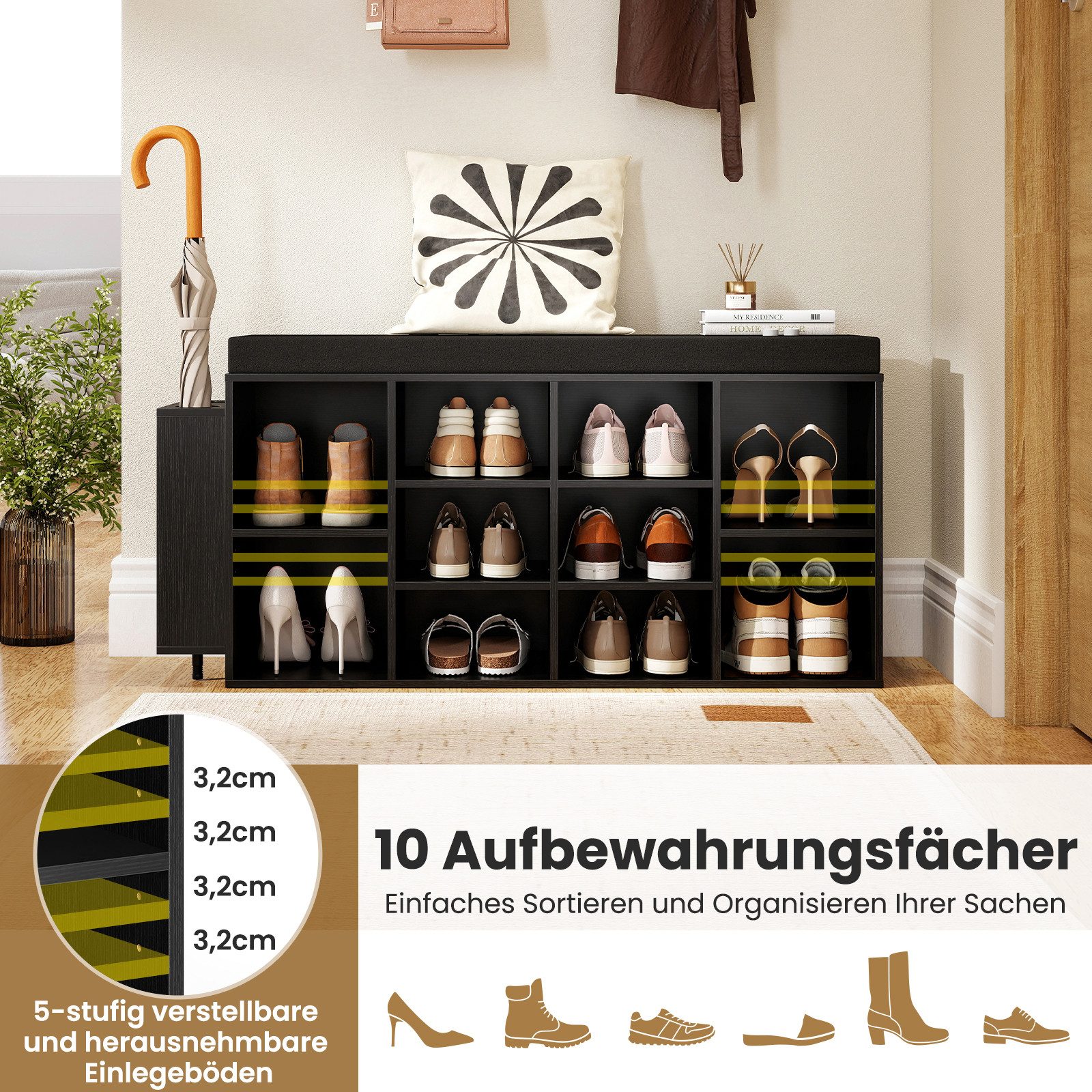 COSTWAY Schuhbank, mit Schirmhalter & gepolsterter Sitzfläche Schuhregal 110cm