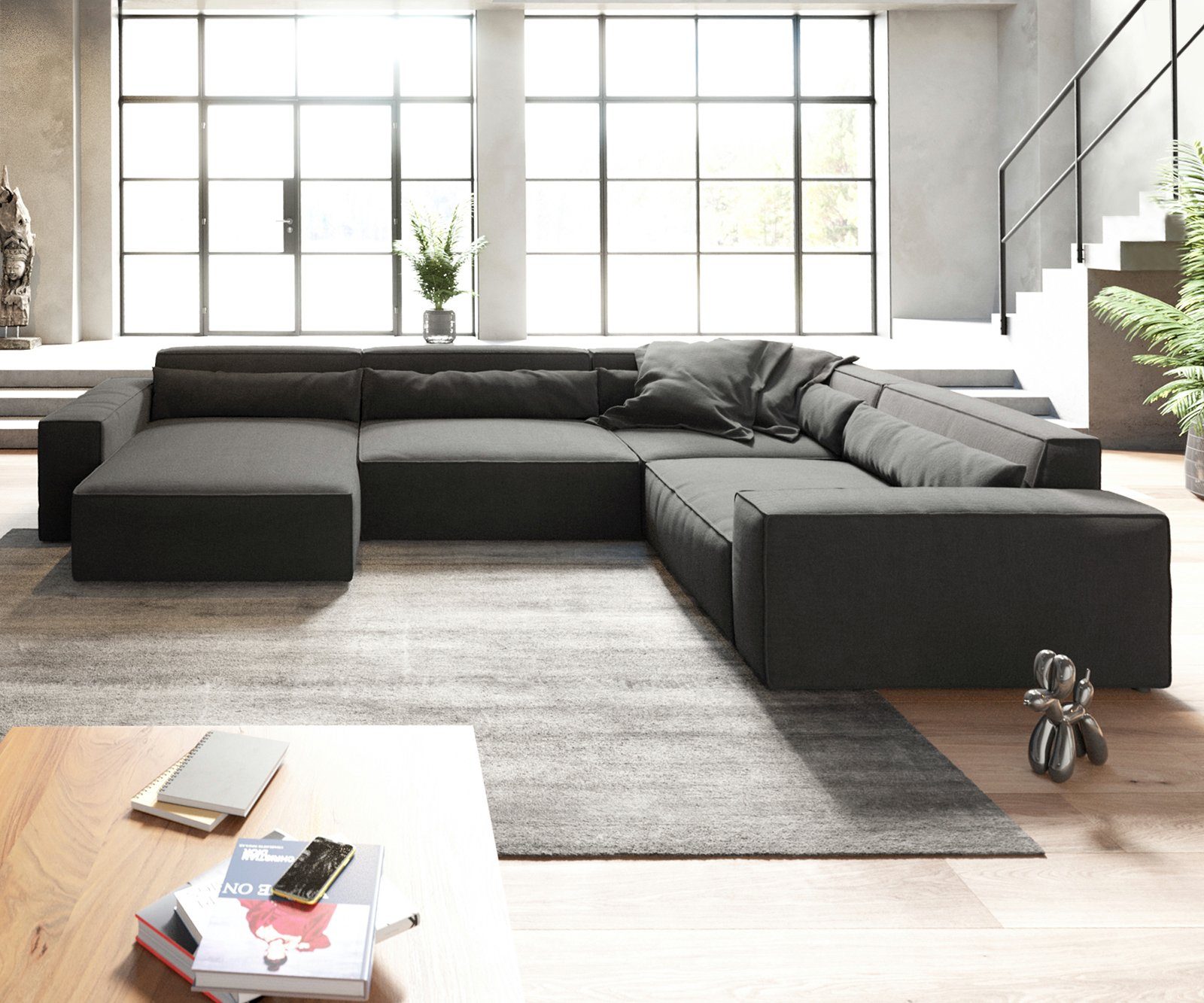 DELIFE Big-Sofa Sirpio, XL Mikrofaser Schwarz 360x260 cm Recamiere variabel