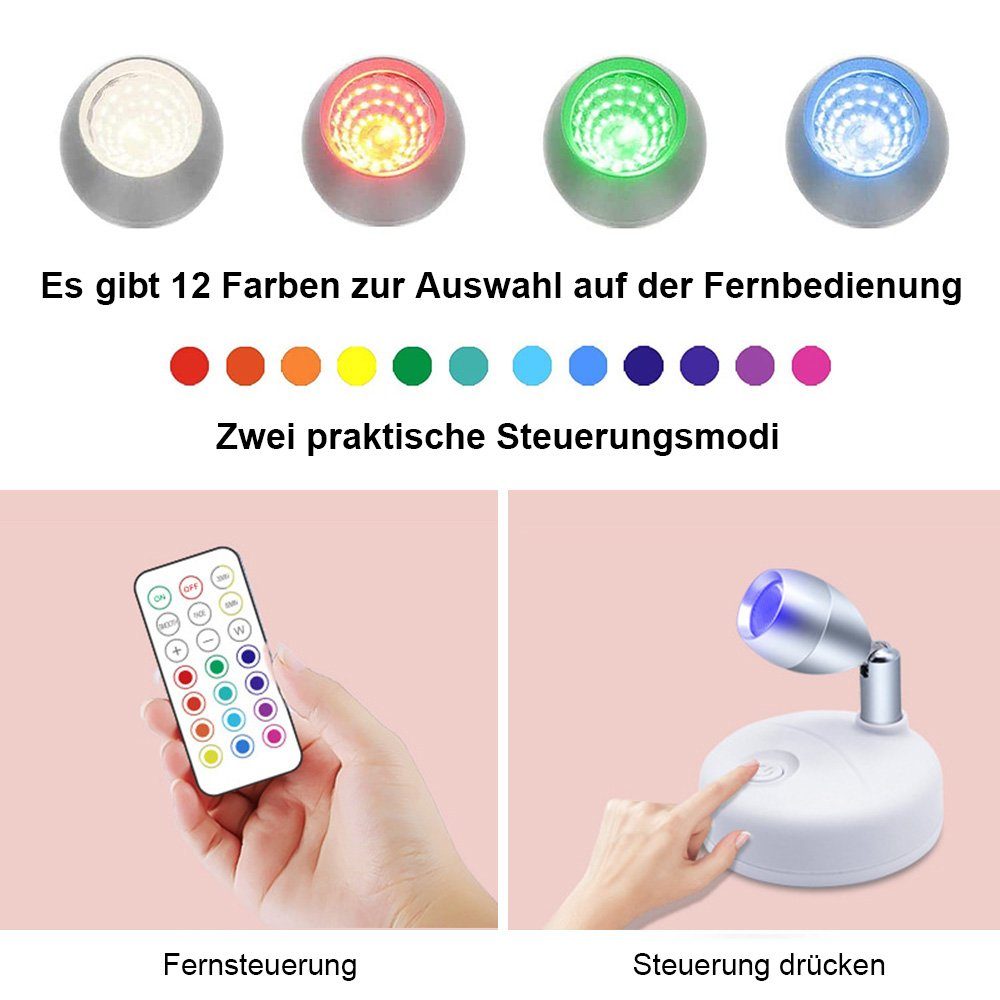 Rosnek LED Nachtlicht Drahtloser Galerie, einstellbar, für 350° Fernbedienung, Strahler, Flur Weiß(5000K), RGB(12 batteriebetrieben Eingang RGB, Keller Farben), Timer