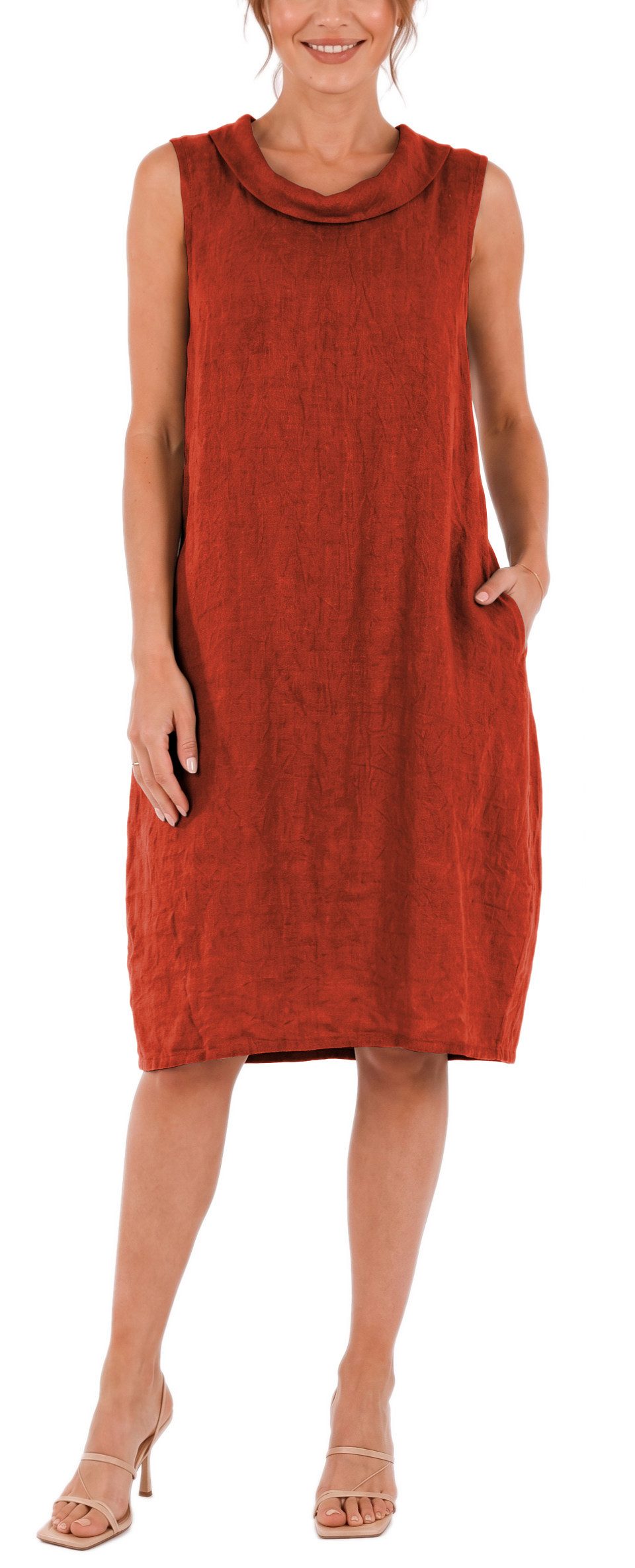 dy_mode Midikleid Damen Leinenkleid Luftiges Midi Sommerkleid Ballonkleid Strandkleid in Unifarbe, Wasserfallkragen, mit seitlichen Eingriffstaschen