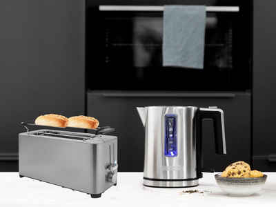 PRINCESS Toaster, 2 lange Schlitze, 1400 W, Frühstück-SET 4er Doppelschlitz Toastmaschine & 1 Liter Wasserkocher klein ohne Kabel