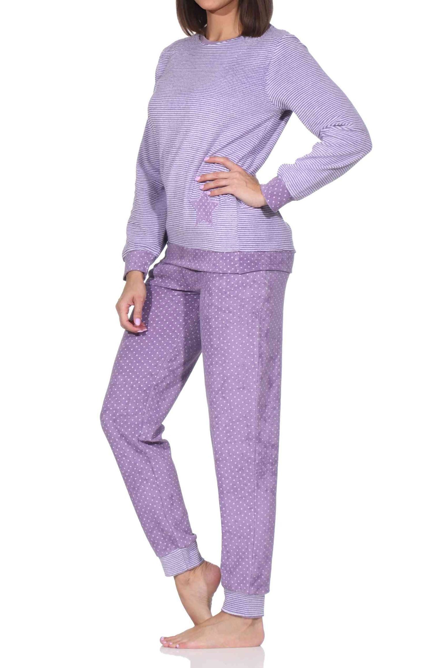 Normann Pyjama Normann Damen Frottee Pyjama mit Bündchen in Tupfen- und Ringeldesign