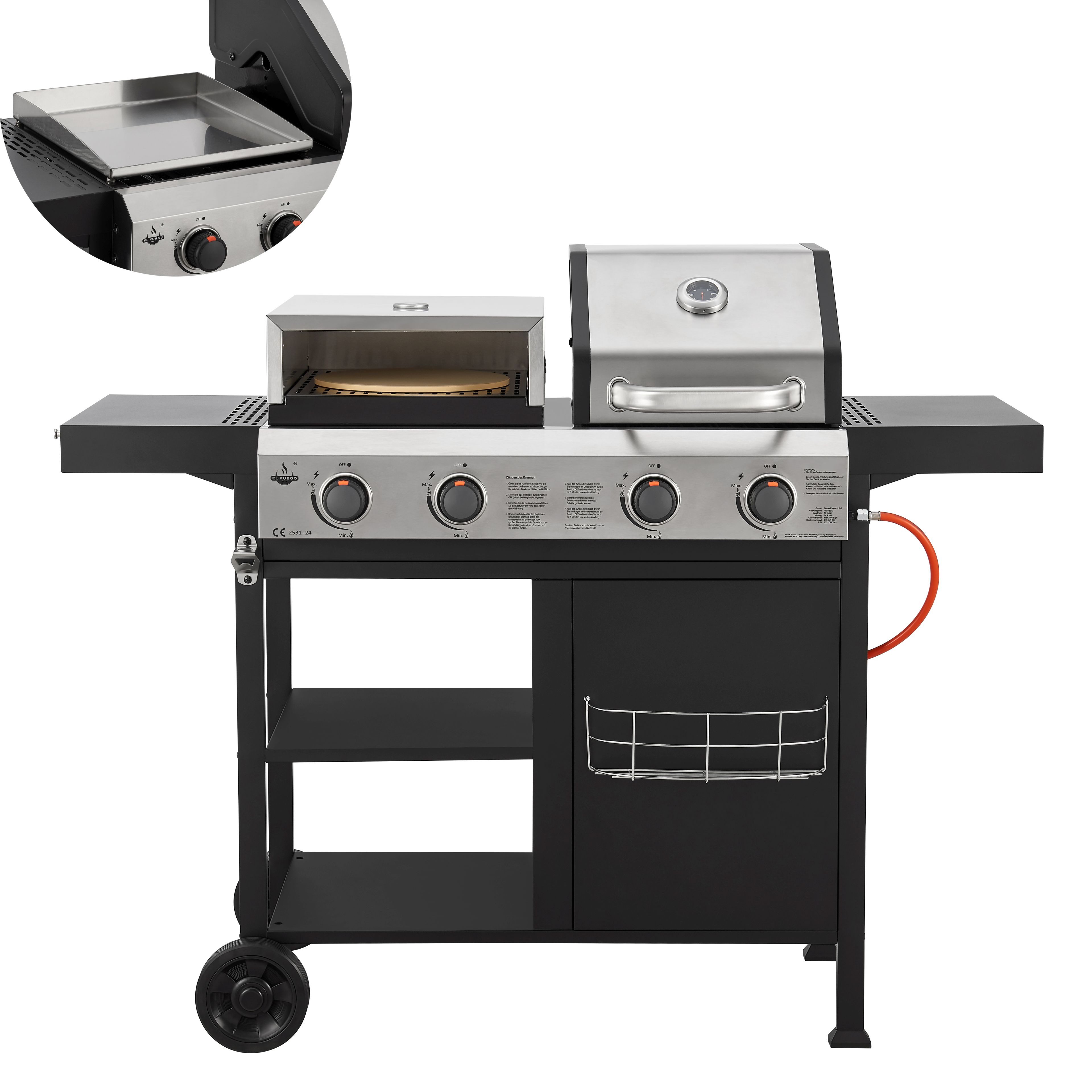 El Fuego Gasgrill Kombigrill 3-in-1 Boston, inkl. Pizzastein und Planchaplatte als Zubehör