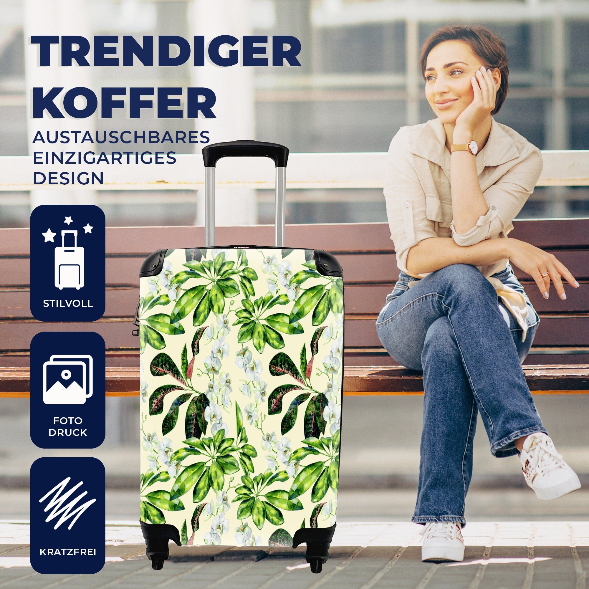 Blätter mit Trolley, - Handgepäckkoffer Reisekoffer Rollen, Grün, Reisetasche für - 4 Ferien, rollen, Handgepäck MuchoWow Vintage