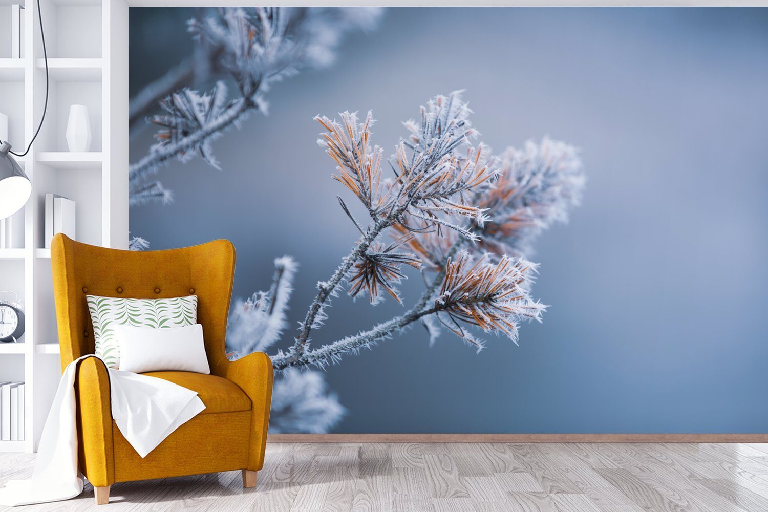 Schnee bedruckt, - Kiefernnadeln St), Wallpaper Kinderzimmer, Vinyl MuchoWow - Winter, für Fototapete Schlafzimmer, - (6 - Wohnzimmer, Pflanzen Tapete Matt, Eis