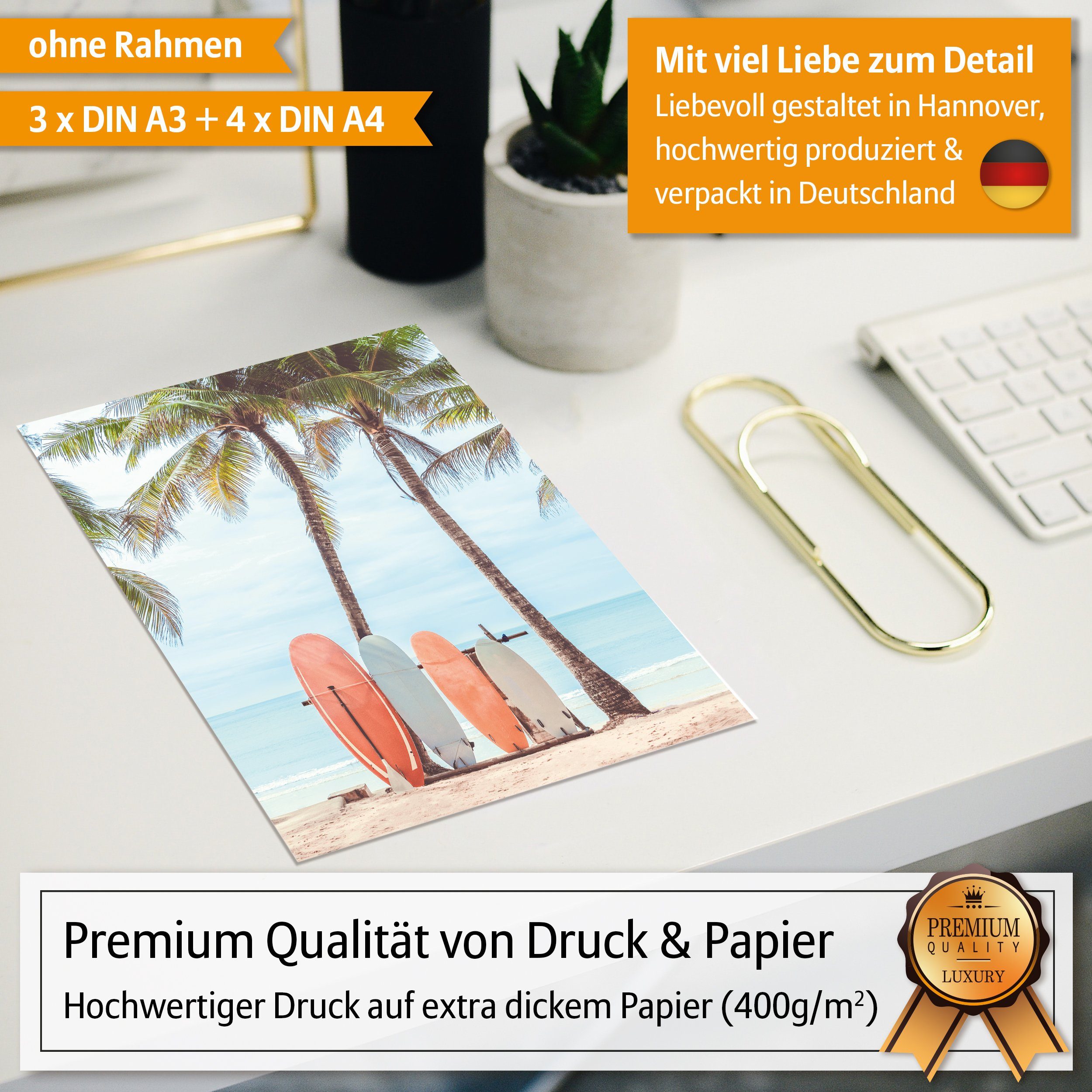 Hyggelig Home Poster Beach Vibes, Premium Poster Set OHNE & MIT Rahmen - Wandbilder Surfing, Strand (Set, 7 St), Collage Palmen, Qualitätsdruck auf dickem Papier