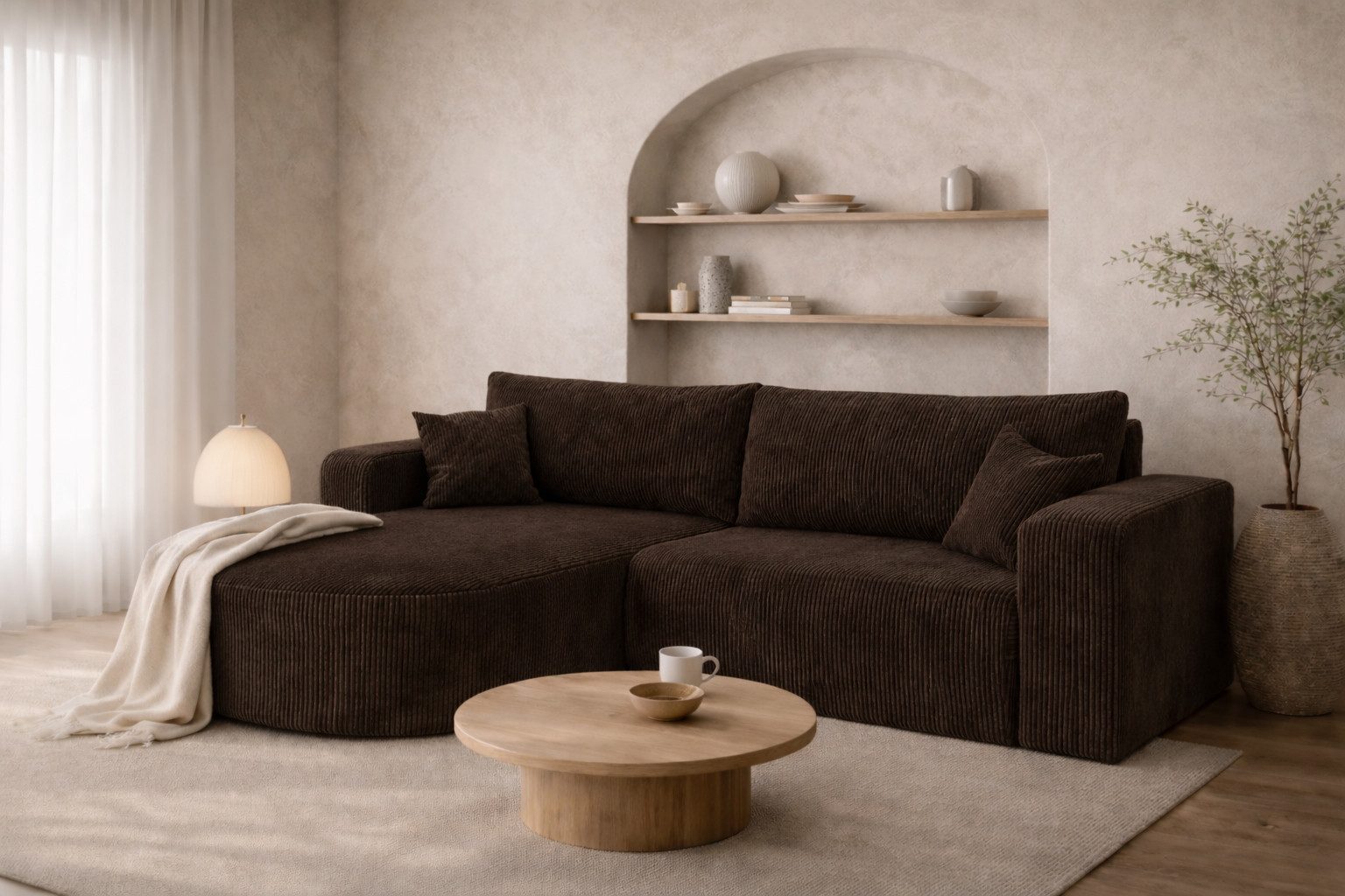 Kaiser Möbel Ecksofa mit Schlaffunktion für Wohnzimmer, Cordstoff Poso, ROUND ONE, abgerundete Form, Liegefunktion, Stauraum, modernes Design