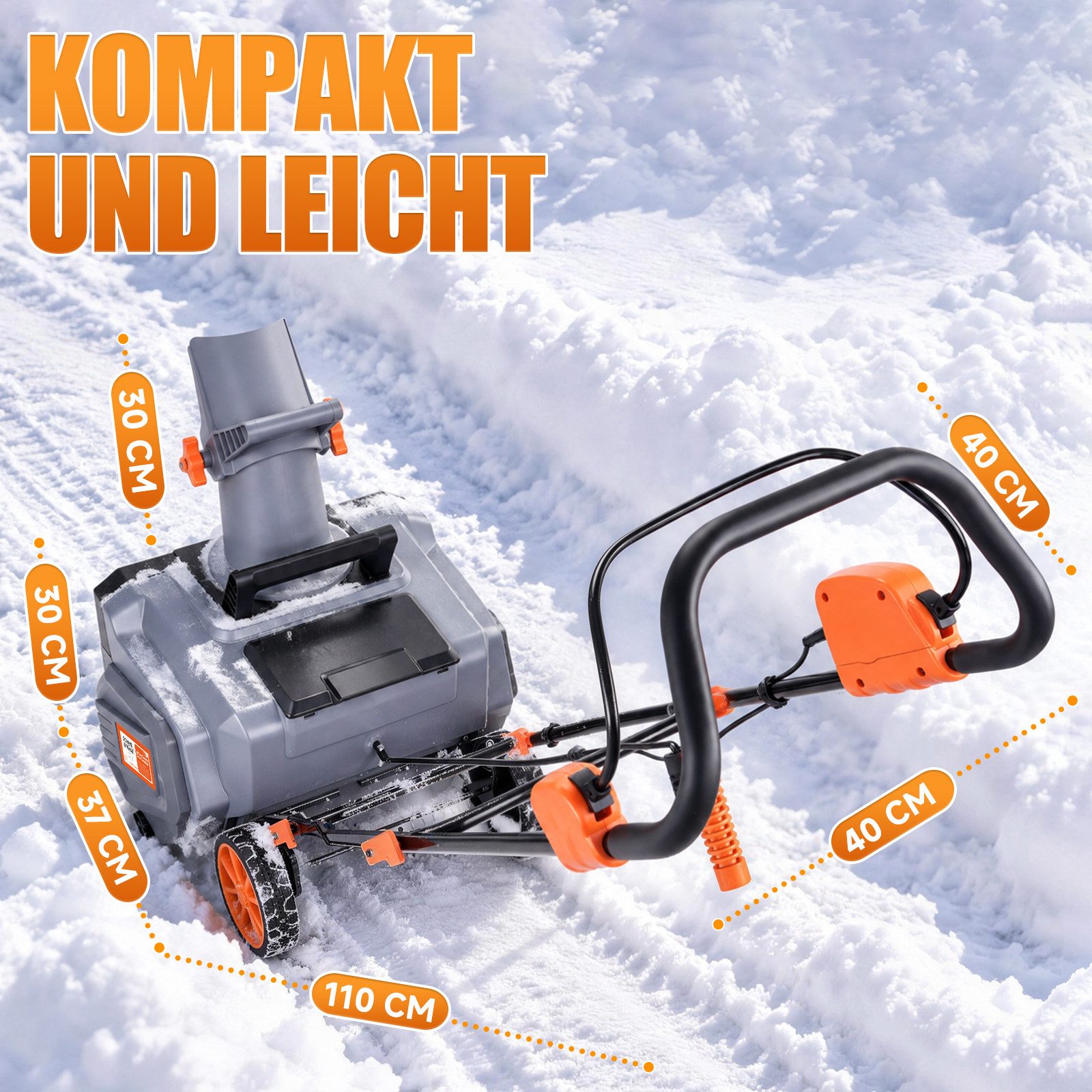 XERSEK Akku-Schneefräse 1400W Elektro Schneeschaufel Schneeschieber Brushless Motor 6500RPM, (46cm Arbeitsbreite 27cm Schneehöhe 7m Wurfweite, inkl. 2x4Ah Akkus – Bild 2 von 5