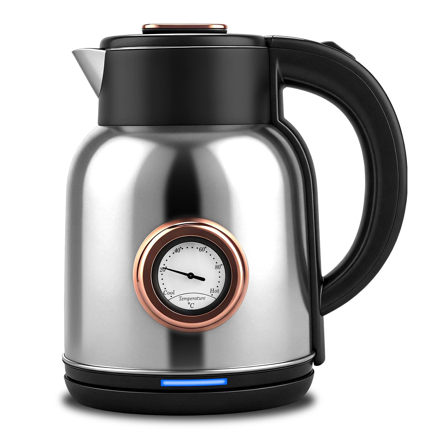 CkeyiN Pro Wasserkocher 304 Edelstahl,2L,Echtzeit-Thermometer,360°-Basis, 1500 W, Überhitzungsschutz, Trockengehschutz,Sprungdeckel,Leuchtanzeige
