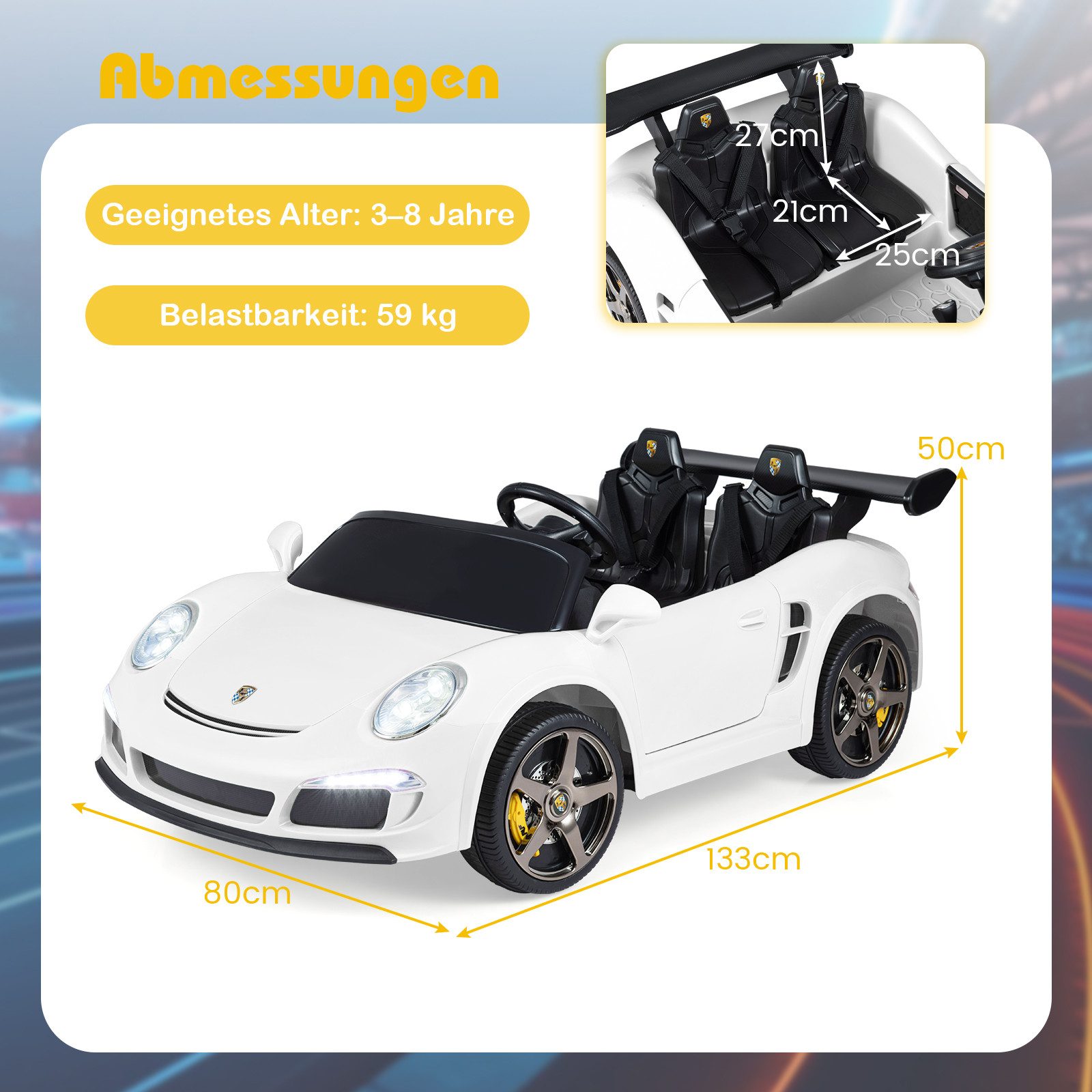 COSTWAY Elektro-Kinderauto, Belastbarkeit 59 kg, (1-tlg), Lizenzierter RUF Elektrofahrzeug, 12V Elektroauto, 2-Sitzer