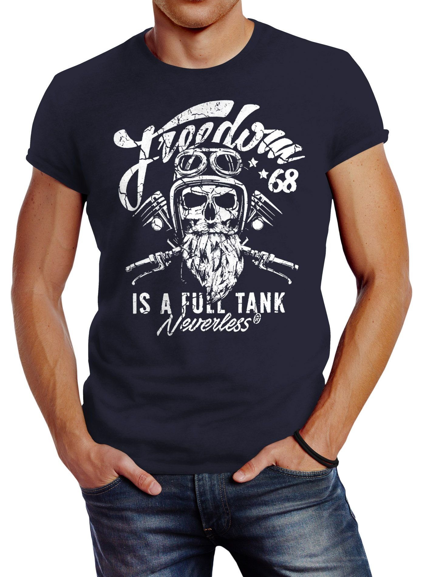 Neverless Print-Shirt Herren T-Shirt Biker Motorrad Motiv Freedom is a full Tank Skull Totenkopf Slim Fit Neverless® mit Print navy