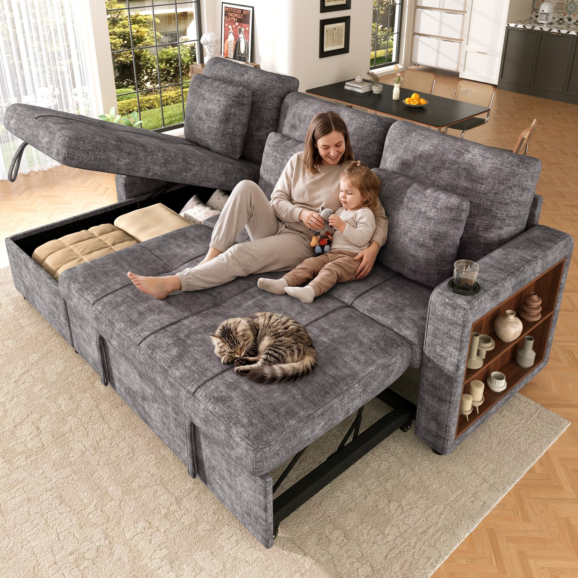 Merax Schlafsofa mit Récamiere, ausziehbares Sofa mit Bettfunktion, Chenille-Bezug, moderne Couch für Wohnzimmer, Apartment und Gästezimmer 1 Teile, Sofa mit Bettkasten, Armlehnen-Regal, Getränkehalter & Seitentaschen