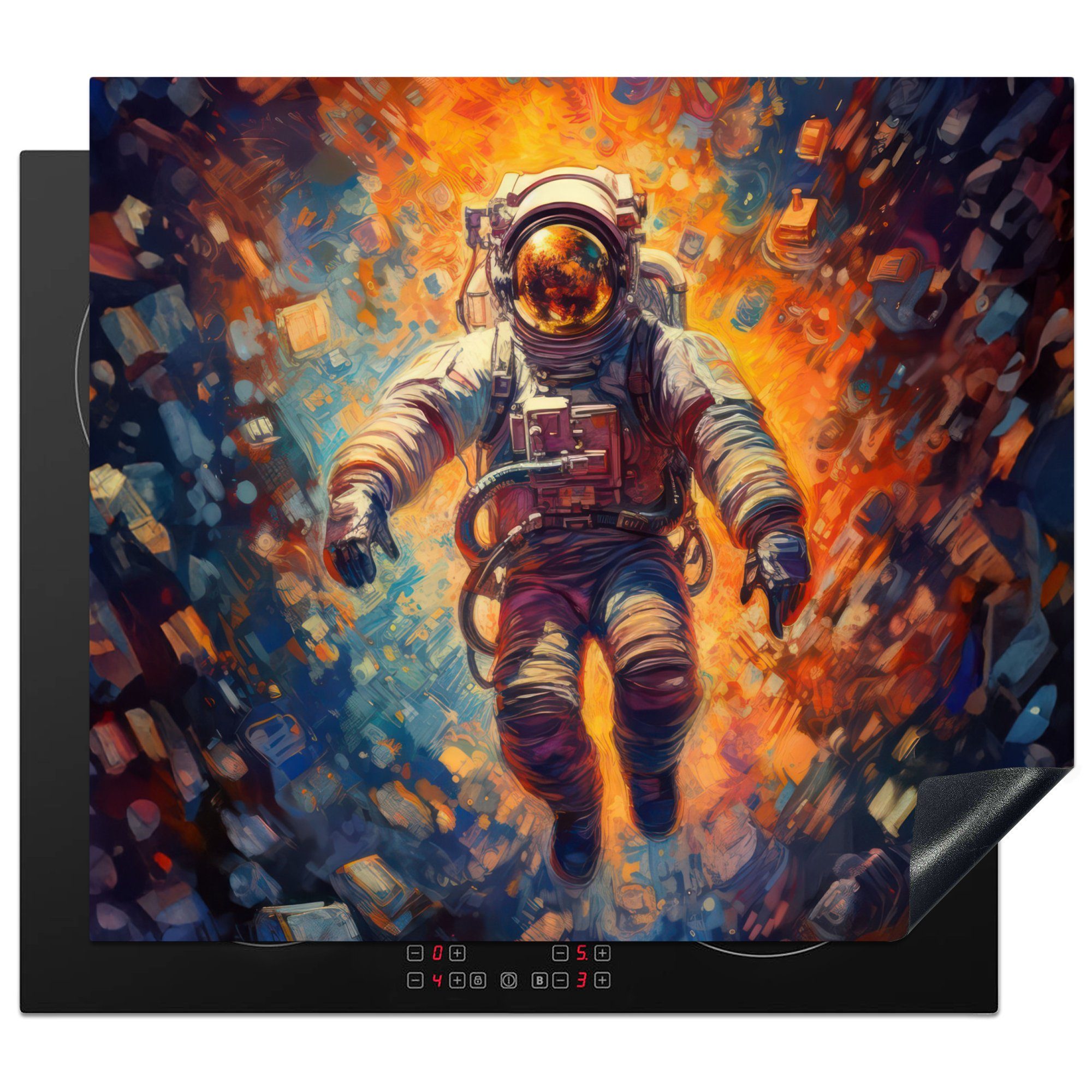 Arbeitsfläche - Mobile cm, nutzbar, Weltraum, MuchoWow tlg), - Orange Vinyl, 60x52 - Ceranfeldabdeckung (1 Astronaut Neon Herdblende-/Abdeckplatte