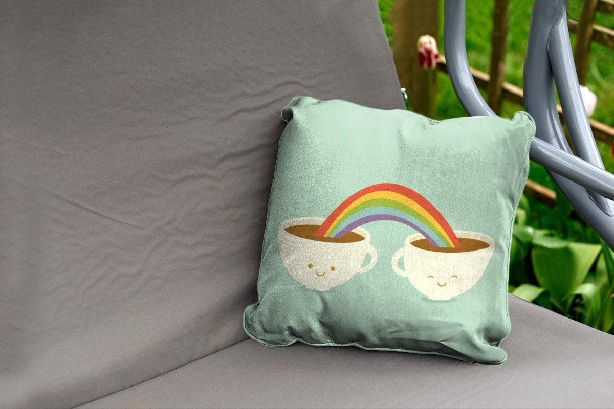 MuchoWow Dekokissen Eine Illustration Kissenhülle, Kissenbezüge, Outdoor eines Dekokissen, Regenbogens zwei Kaffee, über Tassen Dekokissenbezug