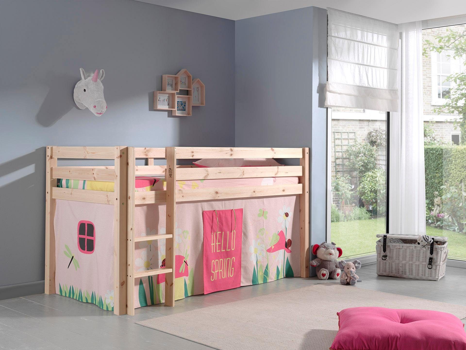 Vipack Hochbett Pino, Spielbett massiv Kiefer, stabil gebaut, 3 Korpusfarben zur Wahl (inkl. Rolllattenrost, Leiter und Absturzschutz, mit oder ohne Rutsche) Textil-Set "Spring", inkl. Vorhang, mit oder ohne Tunnel