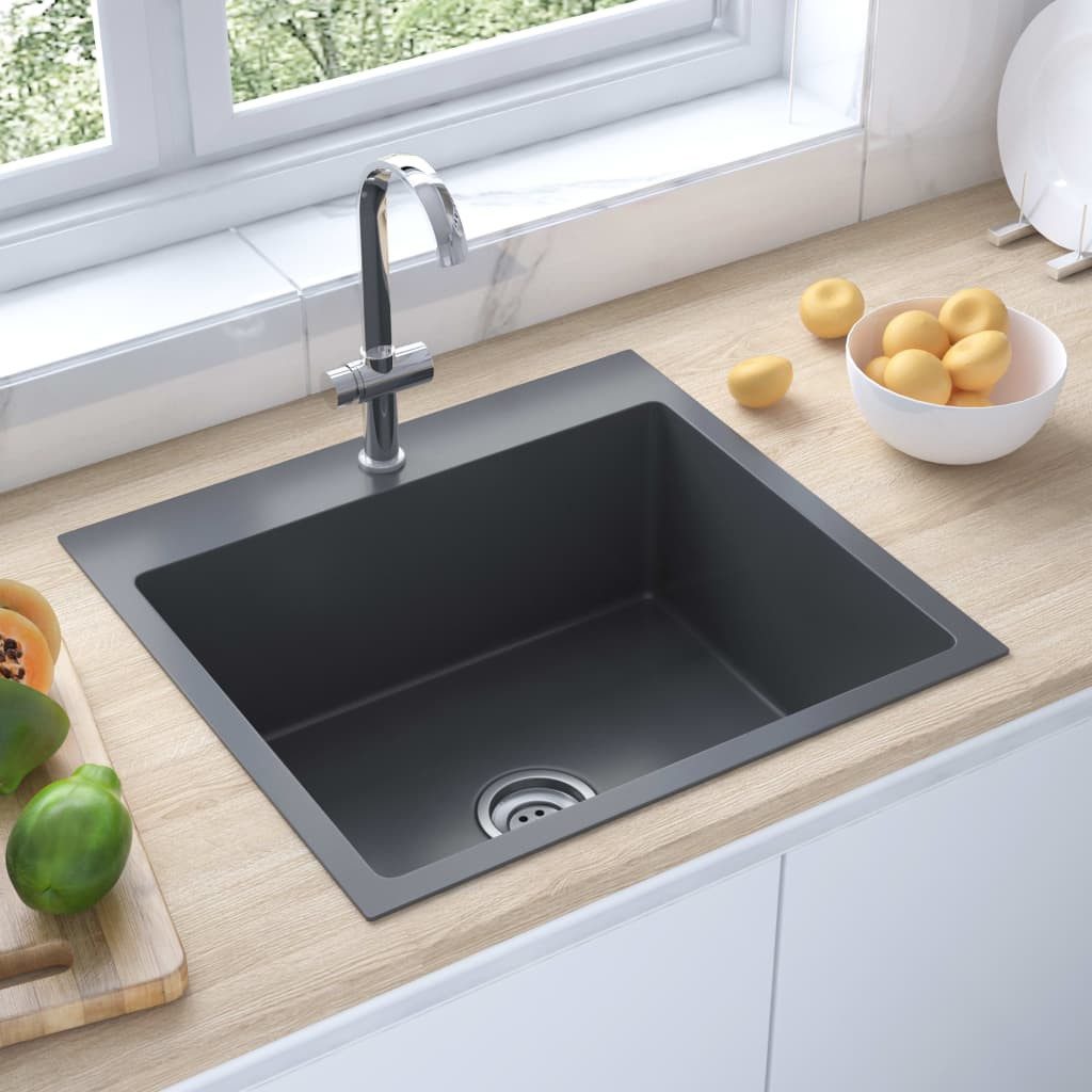 vidaXL Küchenspüle 53 x 50 x 20 cm Küche Spülbecken Massive Einbauspüle Schwarz Edelstahl, 53/50 cm
