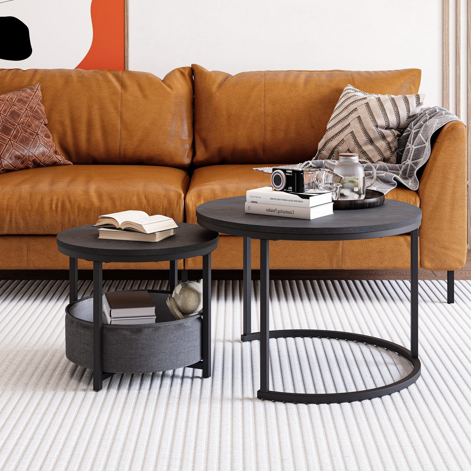 ANYSUN Couchtisch 2er Set Rund Beistelltisch mit Metallgestell,Stoffkorb,Stauraum,2 in 1 (2-St), Satztisch mit Verschachtelbar & platzsparend für Wohnzimmer,Schwarz