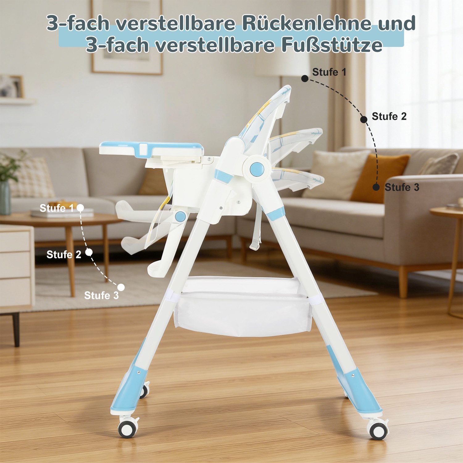 oyajia Kinderklappstuhl Kinderhochstuhl & Babyliege, extra breite Rückenlehne (mit Ablagekorb, mit 5-Punkt-Sicherheitsgurt, wasserdichtes abnehmbares Tablett), klappbar, 6 Monate bis 3 Jahre, 20kg belastbar, vier Farben