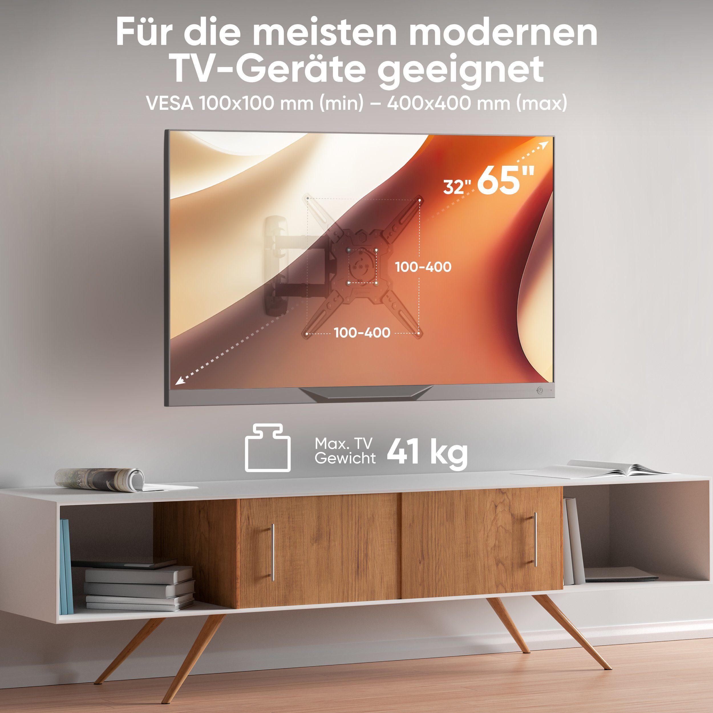 ONKRON TV-Wandhalterung 32-65 Zoll, bis 41 kg, VESA 100x100-400x400, M4R-B, (bis 65 Zoll, drehbar, schwenkbar, neigbar, ausziehbar, Kabelmanagement) – Bild 3 von 5