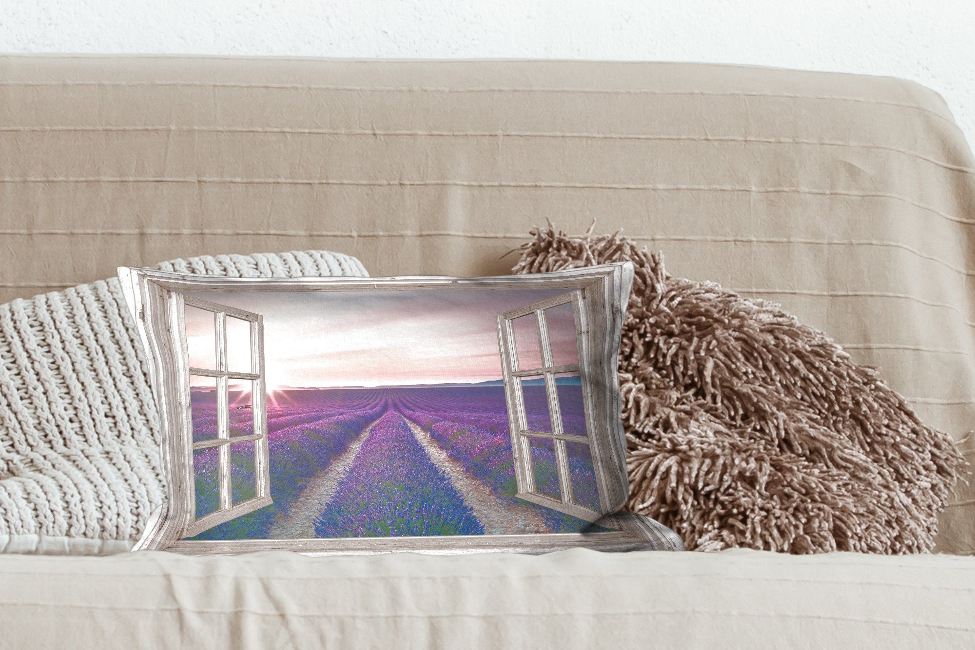 Durchsichtig Schlafzimmer - Wohzimmer Dekokissen - - Dekoration, - Blumen - Holz Lila, Sonnenuntergang mit Dekokissen Zierkissen, MuchoWow Füllung, Lavendel