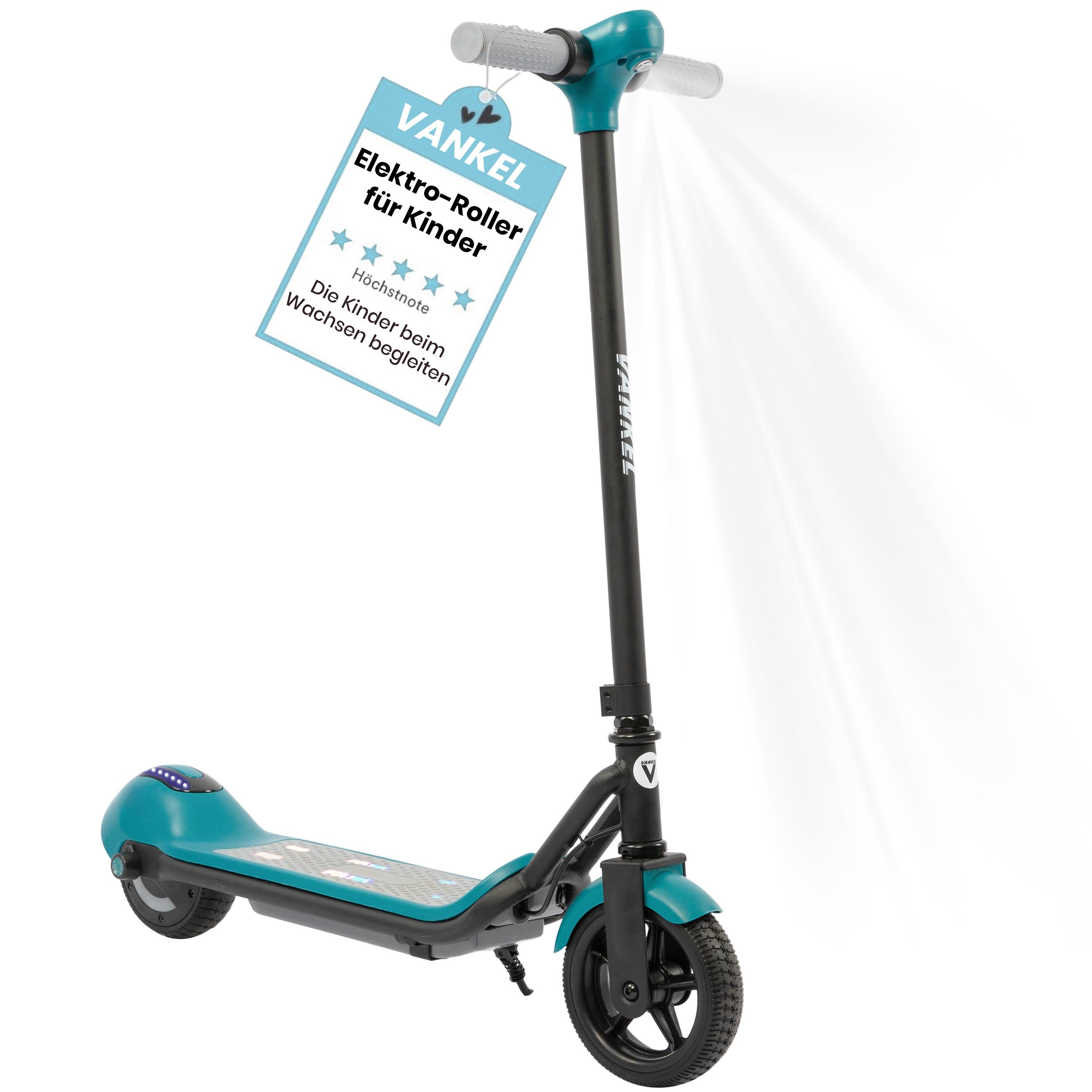 Vankel Elektro-Kinderroller ab 6 Jahre, 6,5'' E-Scooter für Kinder, max.10km, Bluetooth-Funktion, 14km/h, Cityroller kinder, Bunte Leuchten, LED Display