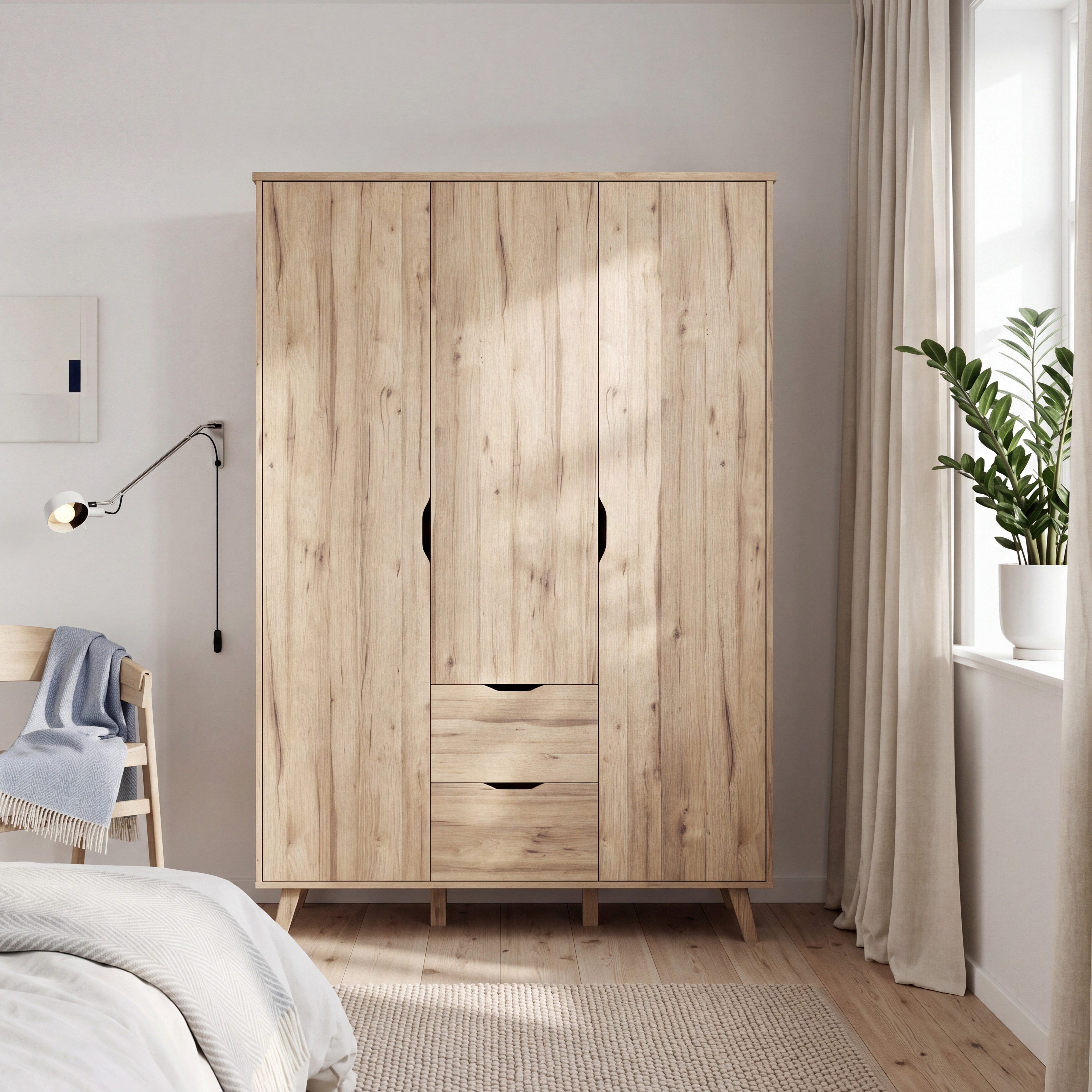 FORTE Drehtürenschrank Vankka skandinavischer-Stil, viel Stauraum, ohne Griffe (B/H/T ca.140x200x52cm) Made in Europe, mit Einlegeböden+Kleiderstange+Schubladen,grifflos