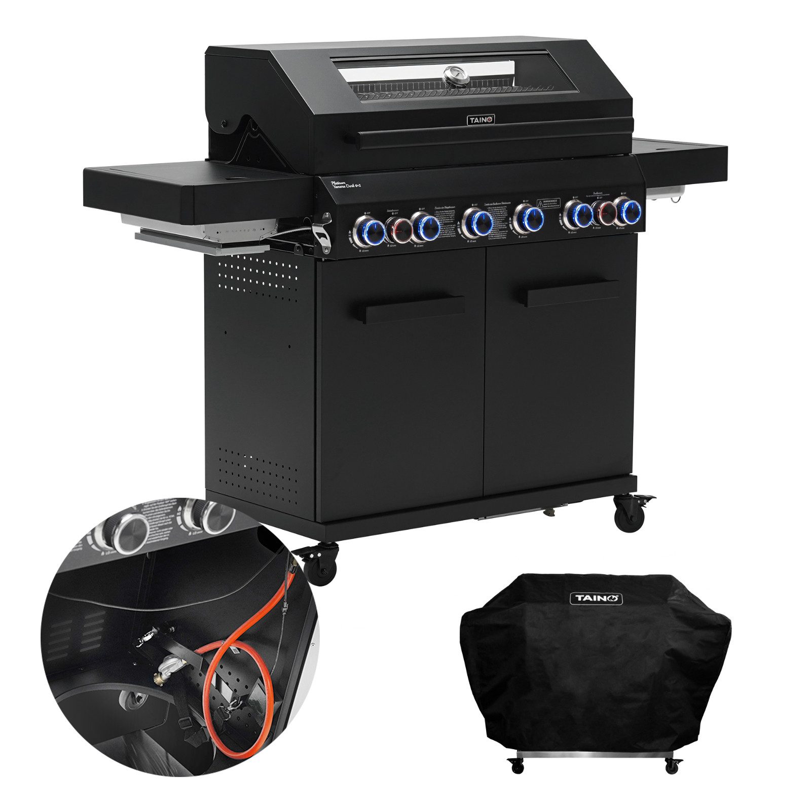 TAINO Gasgrill PLATINUM YAMARA DARK 6+2 mit Haube, Spar-Set, 6 Hauptbrenner, Sear-Zone, Heckbrenner, Edelstahl, Schwarz