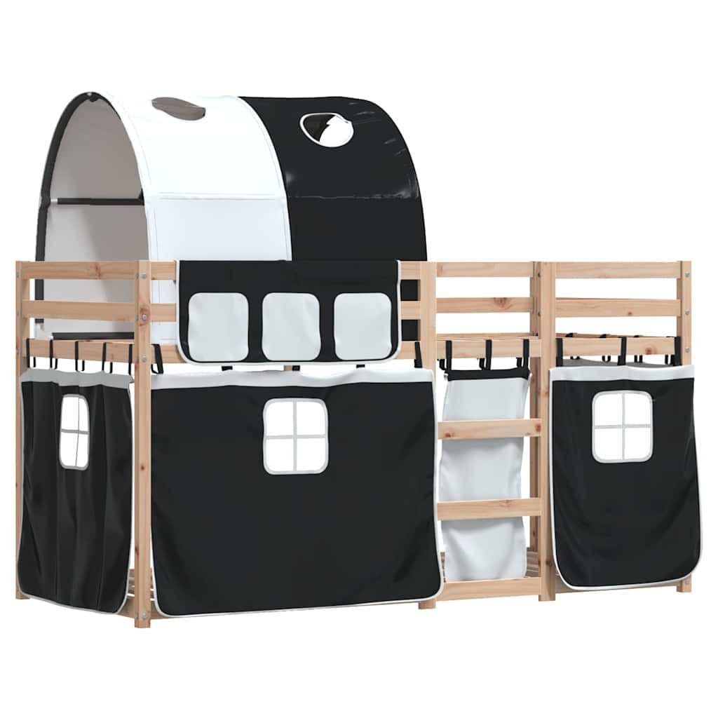 vidaXL Bett Etagenbett mit Vorhängen Weiß Schwarz 90x200 cm Kiefernholz